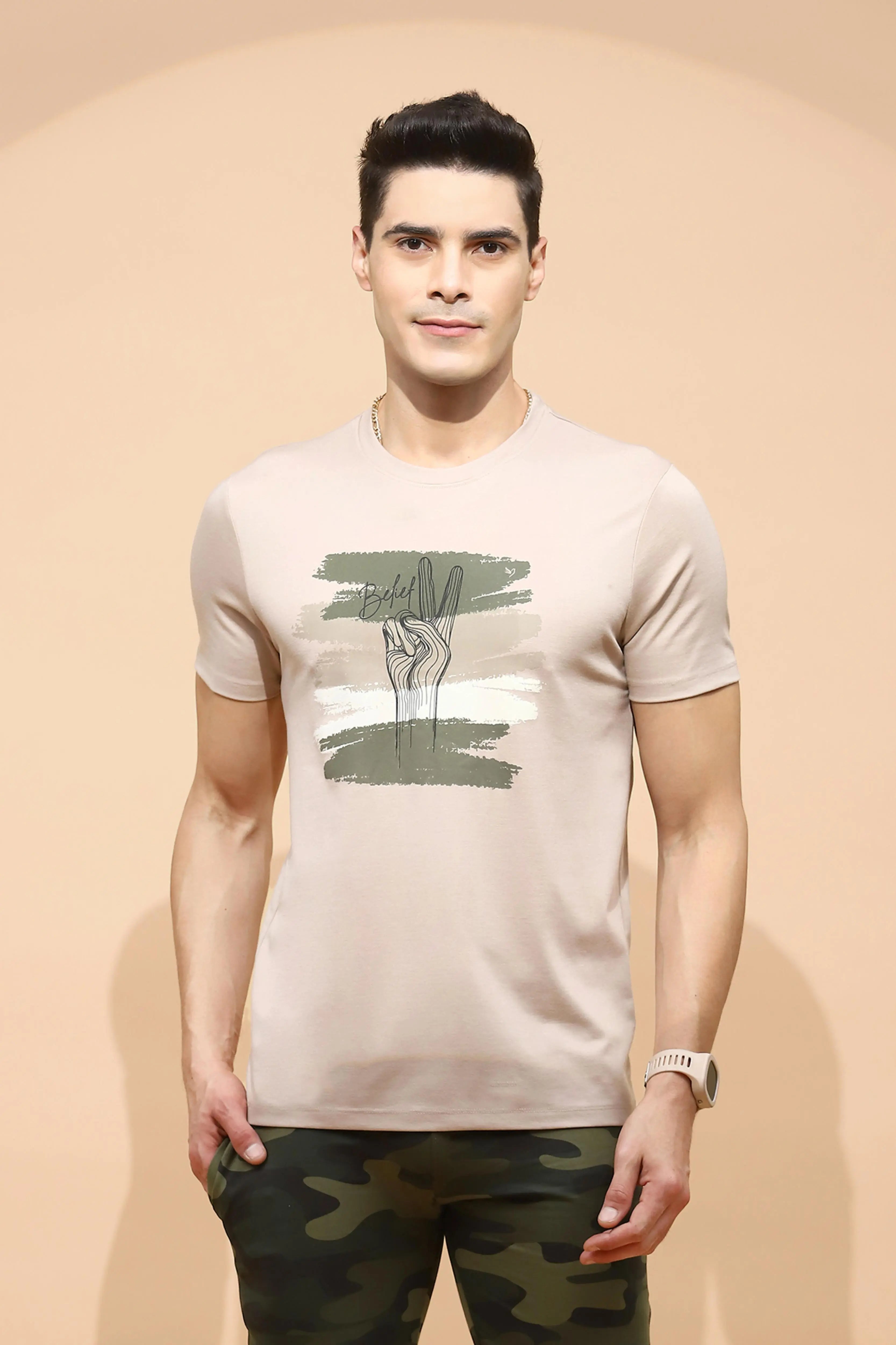 Beige Cotton Blend Regular Fit T-Shirt - Global Republic