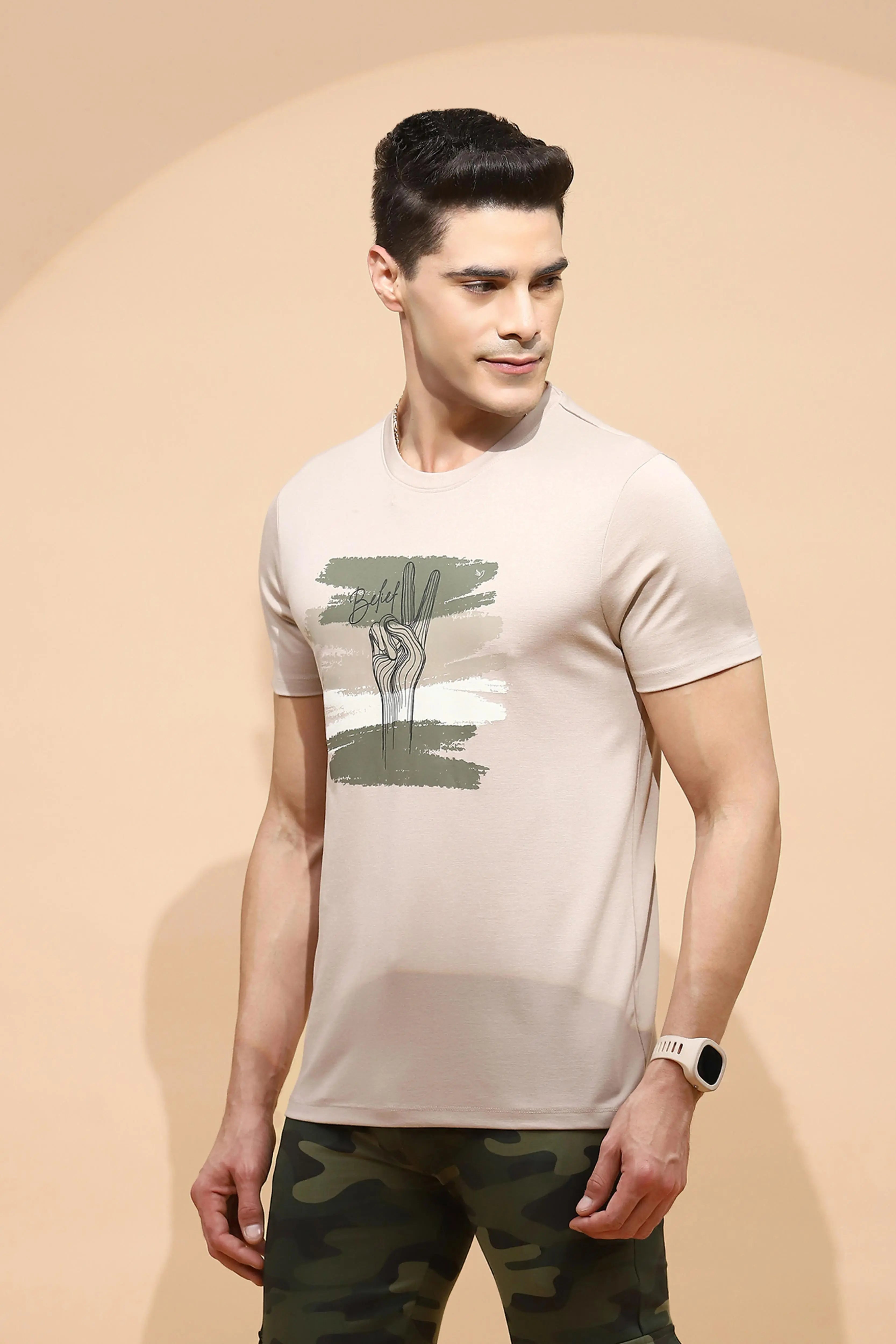 Beige Cotton Blend Regular Fit T-Shirt - Global Republic