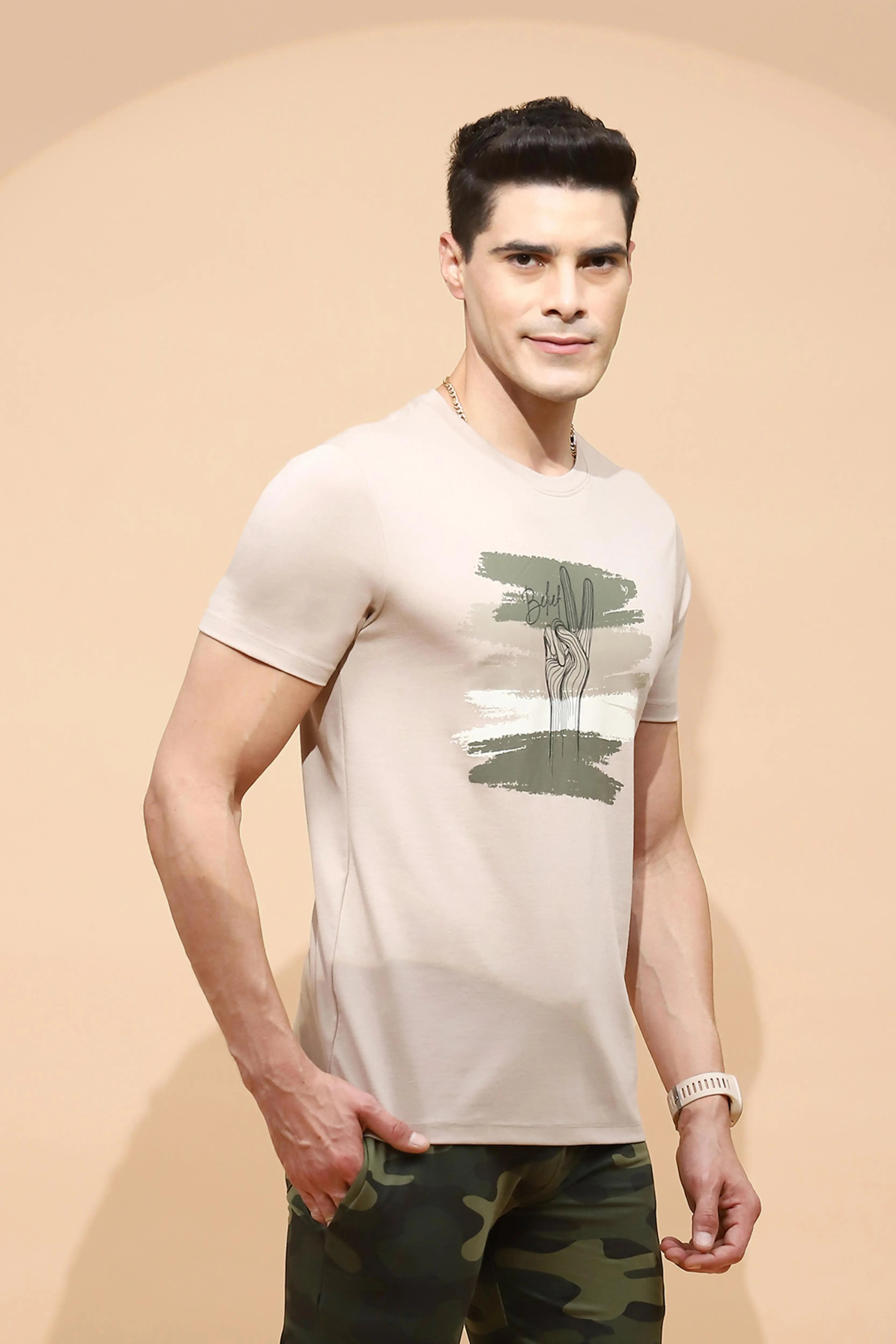 Beige Cotton Blend Regular Fit T-Shirt - Global Republic