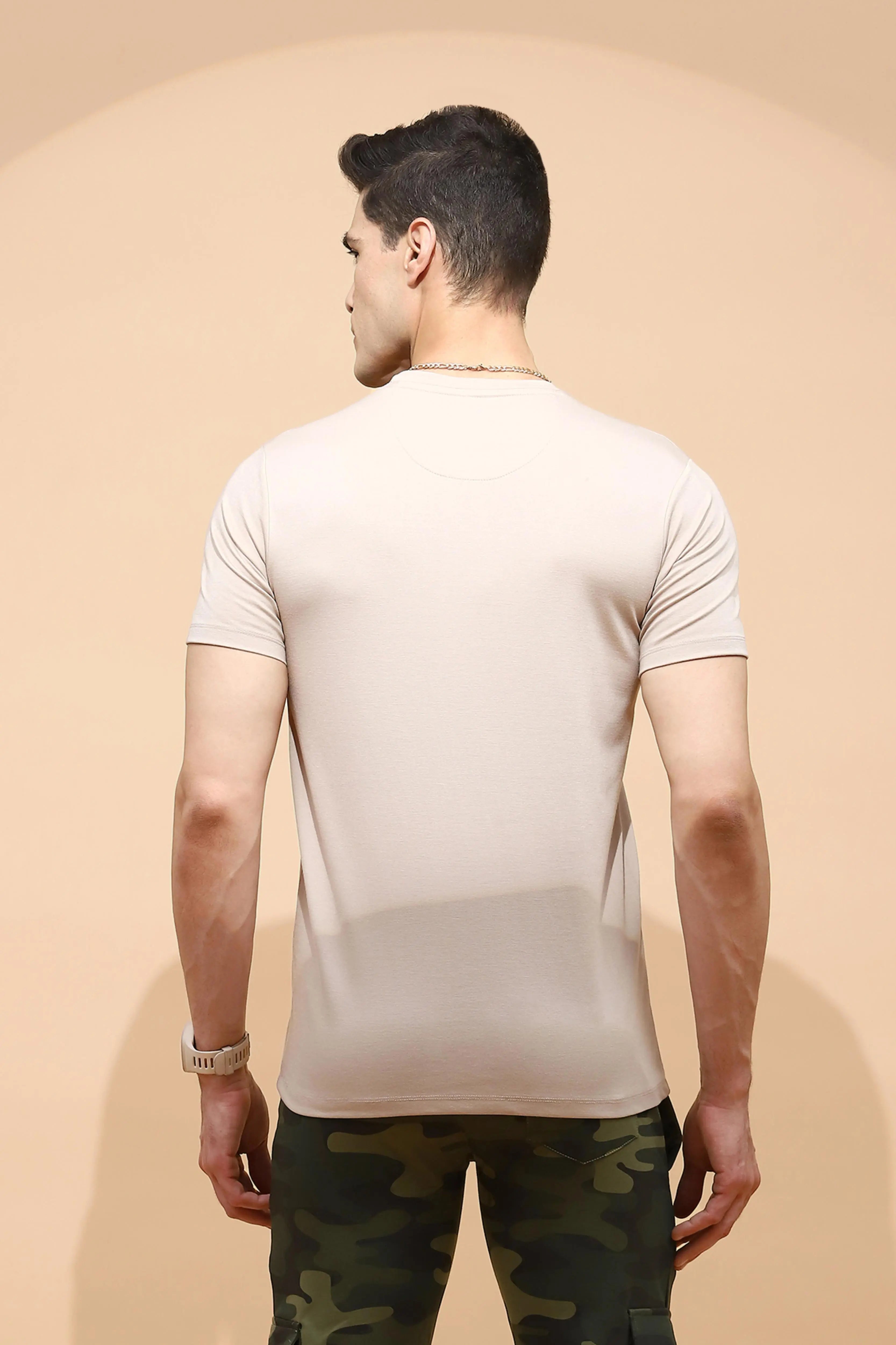 Beige Cotton Blend Regular Fit T-Shirt - Global Republic