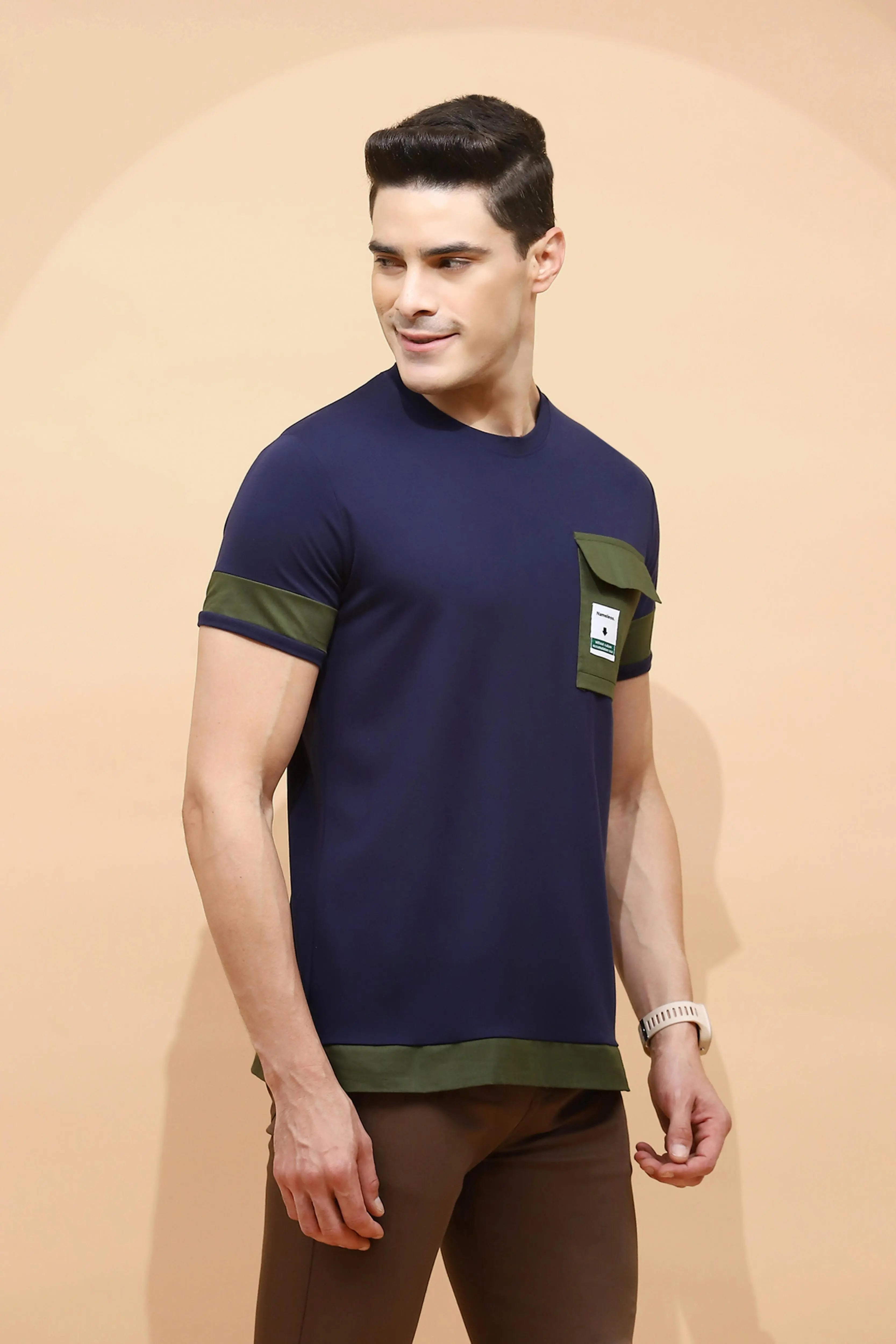 Navy Cotton Blend Regular Fit T-Shirt For Men - Global Republic