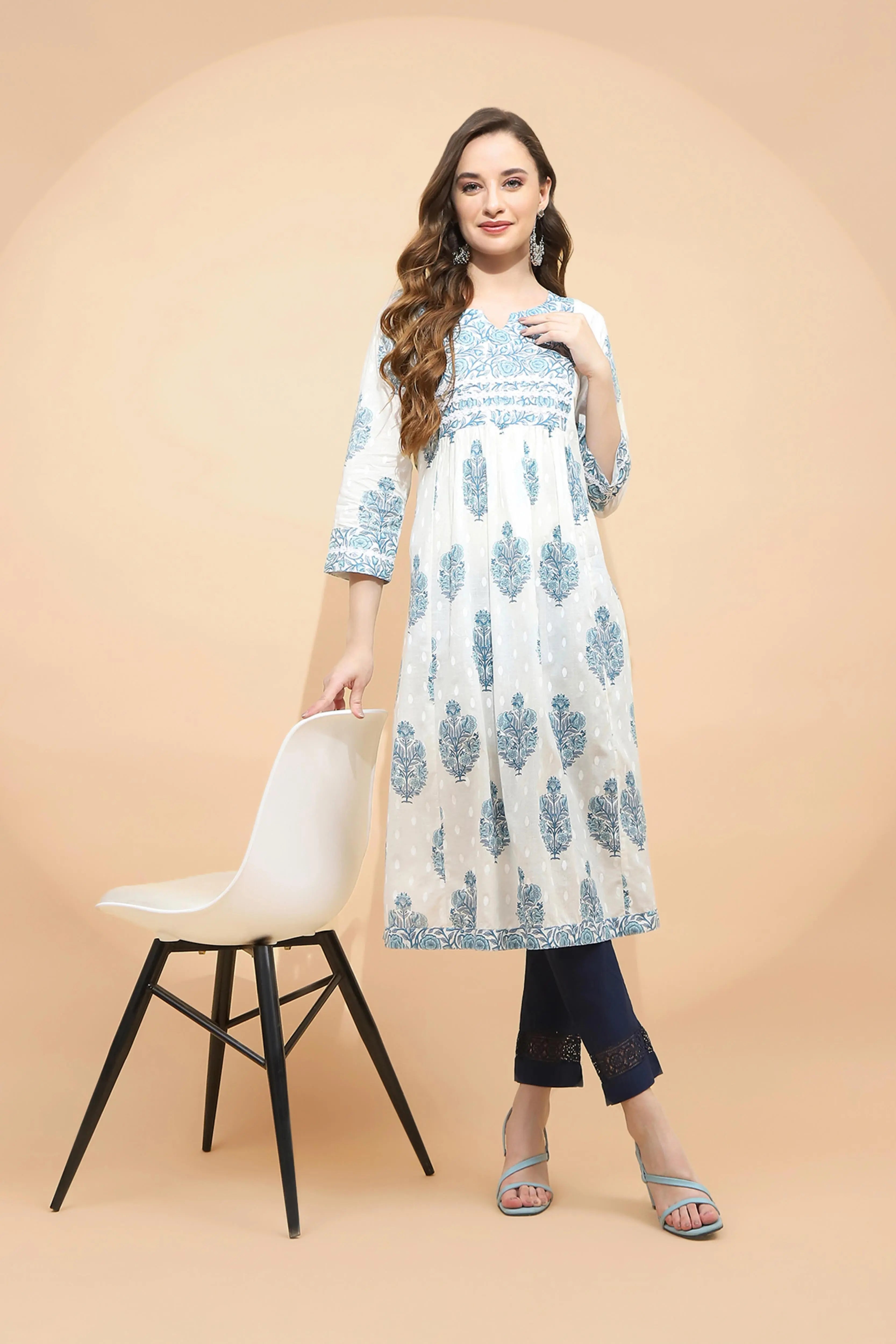 White Cotton Blend Loose Fit Kurta For - Global Republic