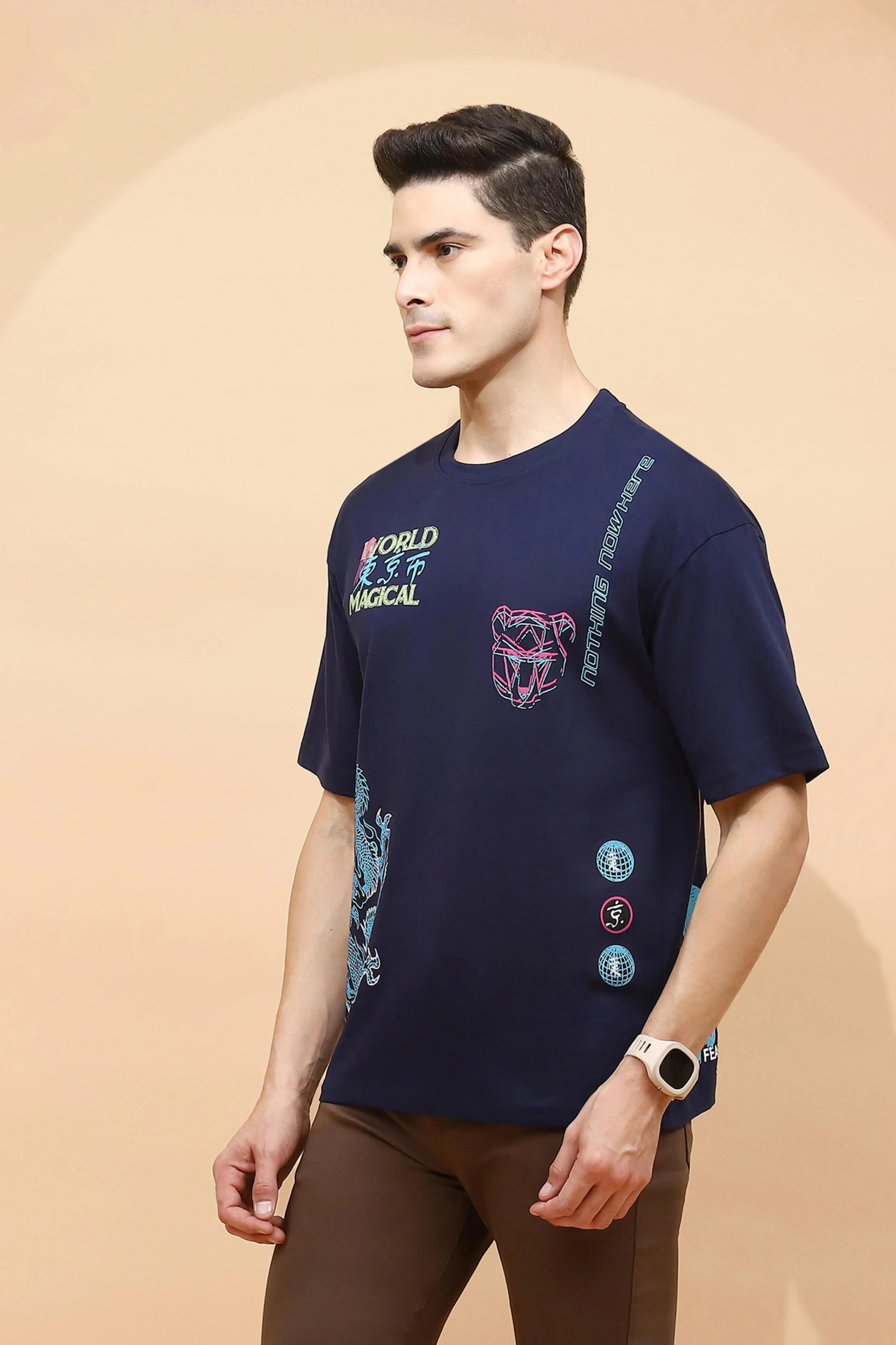 Navy Cotton Regular Fit T-Shirt For Men - Global Republic