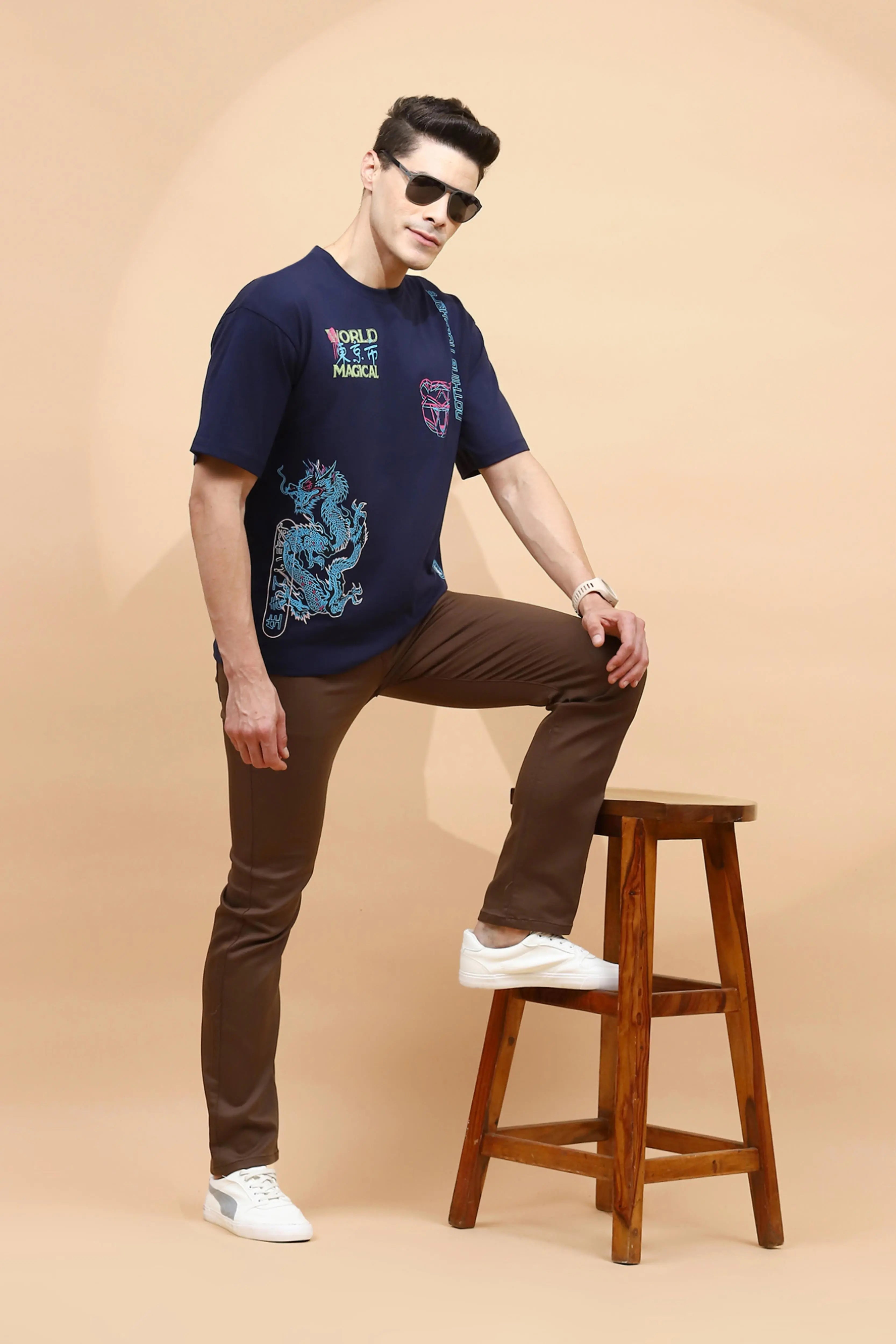 Navy Cotton Regular Fit T-Shirt For Men - Global Republic