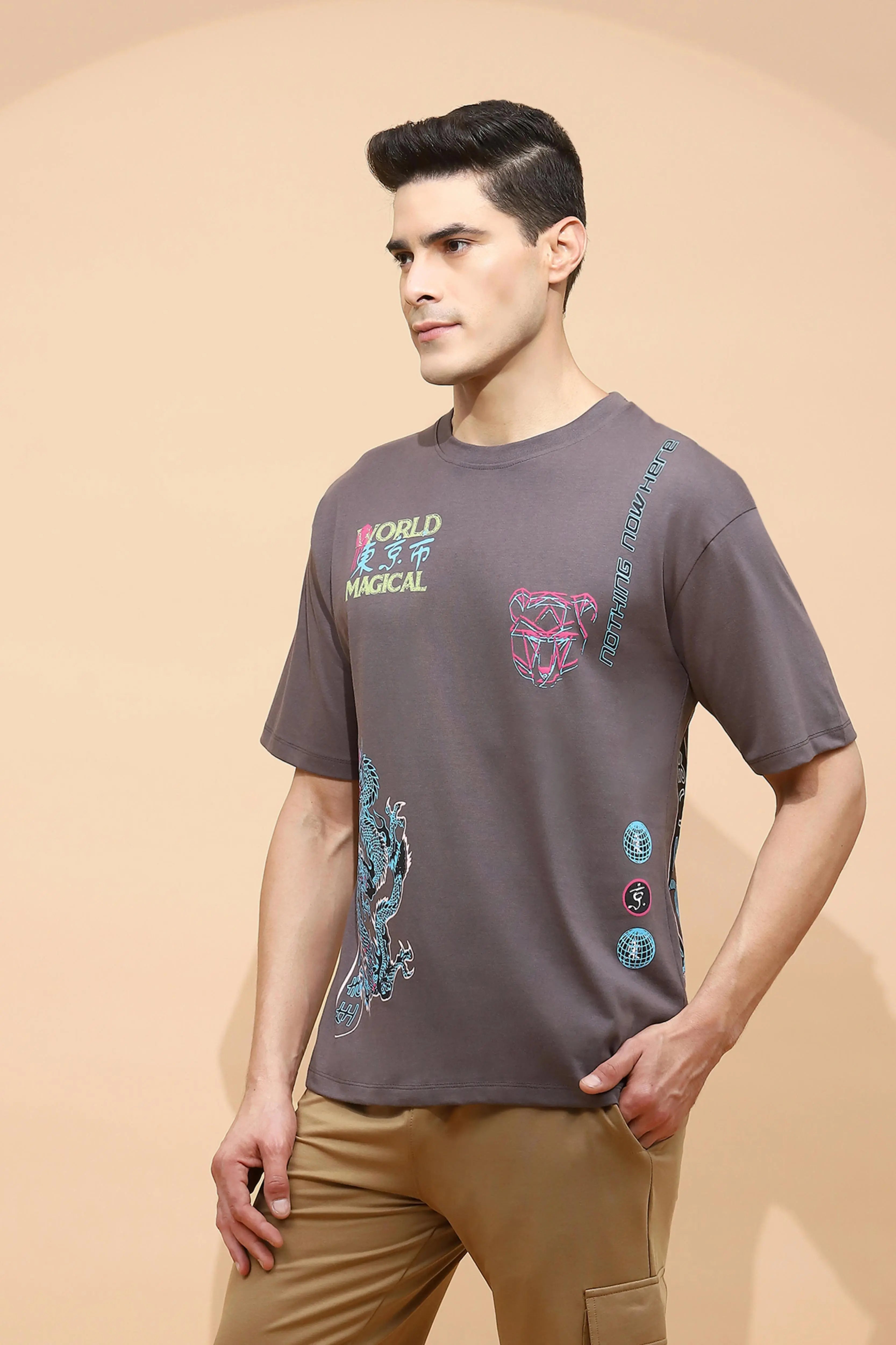 Grey Cotton Regular Fit T-Shirt For Men - Global Republic