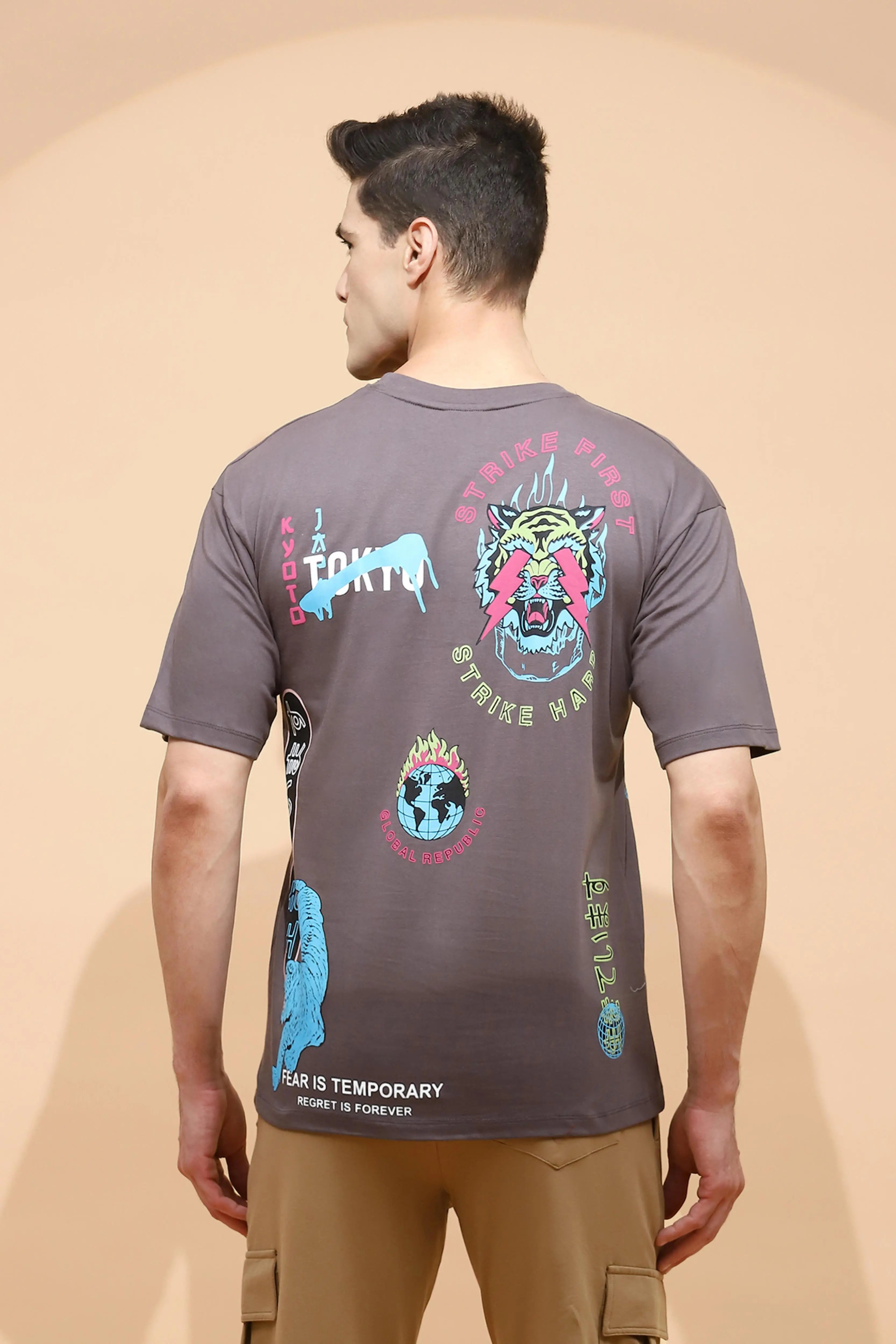 Grey Cotton Regular Fit T-Shirt For Men - Global Republic