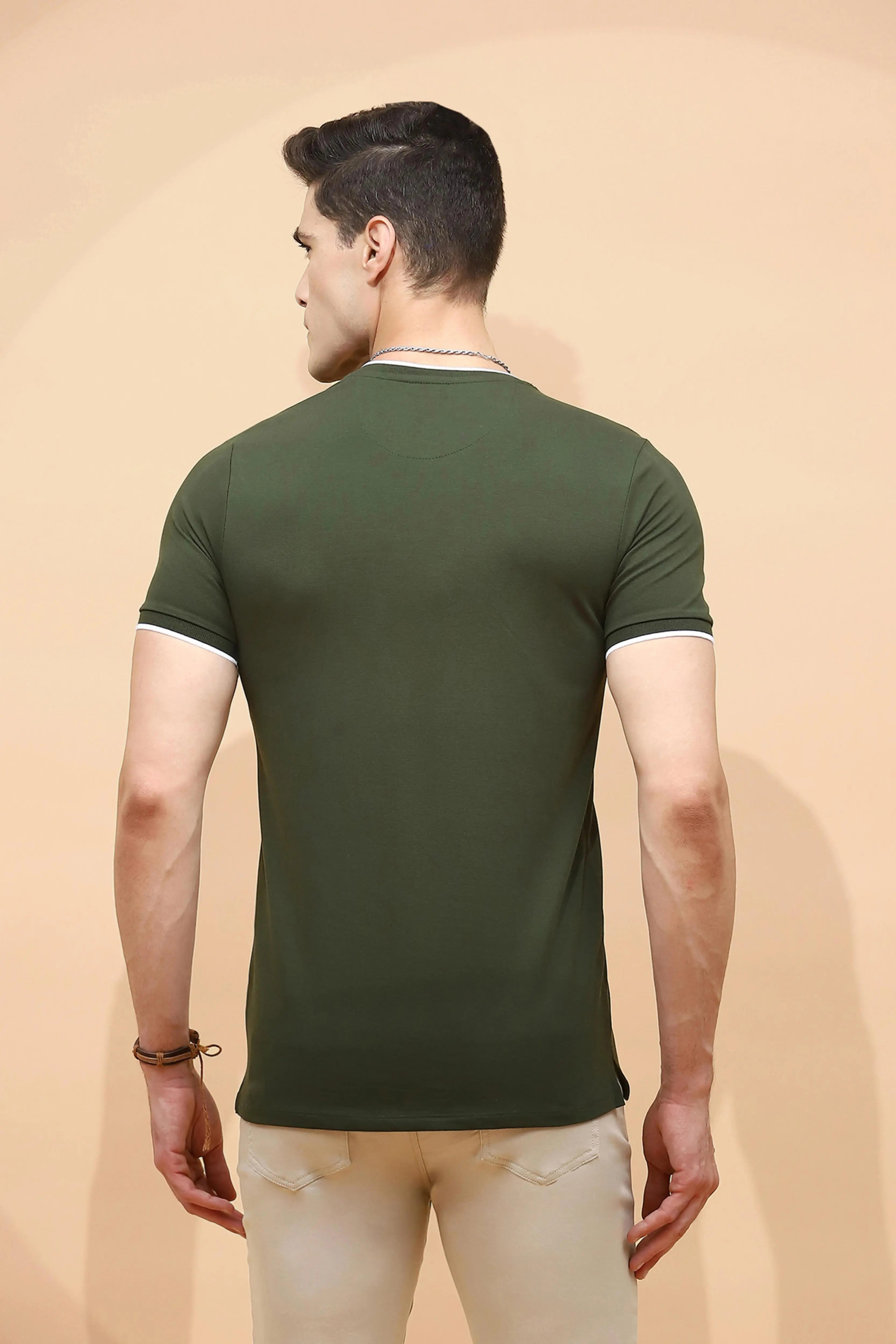 Dark Olive Cotton Blend Regular Fit T-Shirt For Men - Global Republic