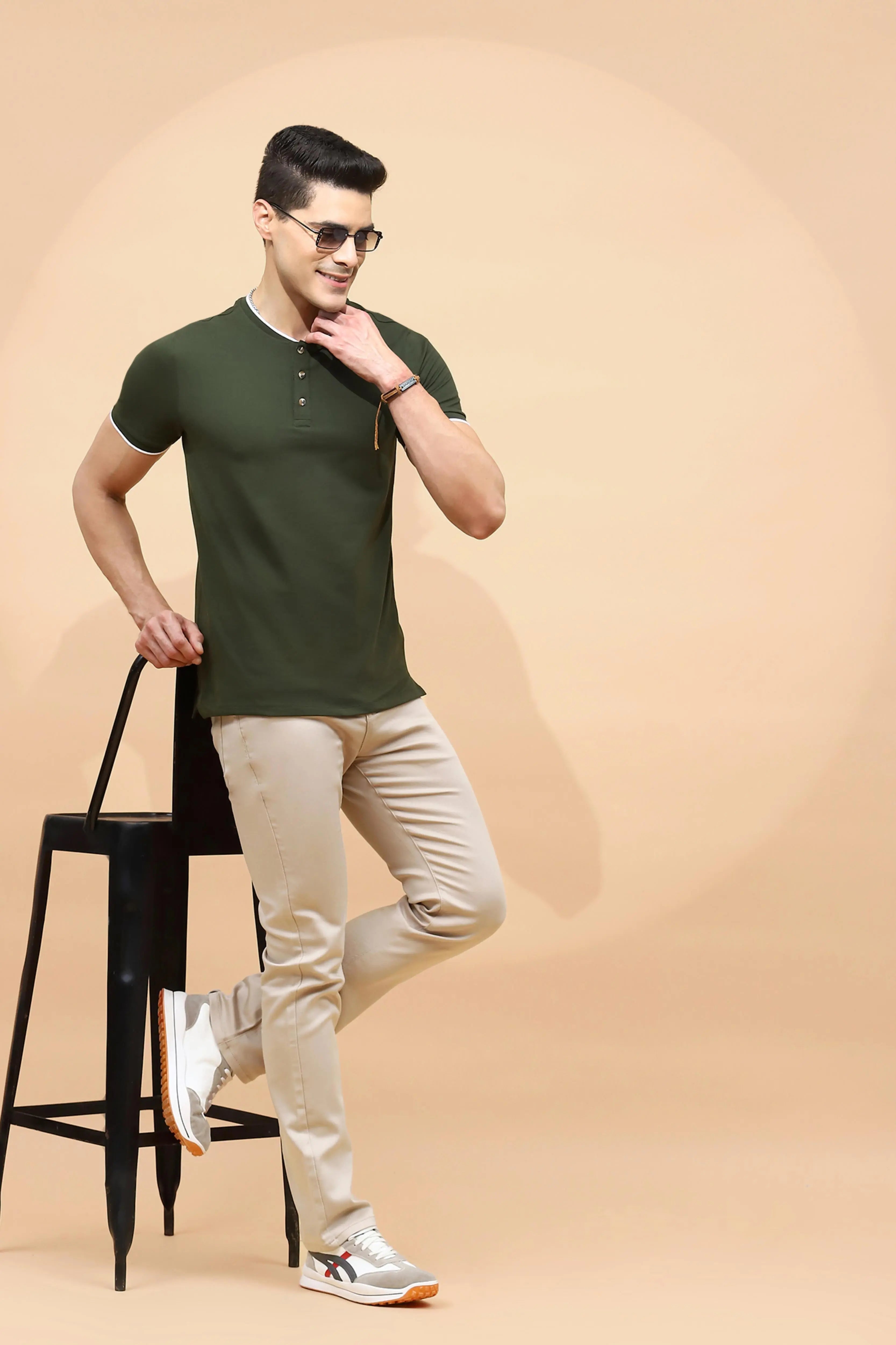 Olive Cotton Blend Regular Fit T-Shirt - Global Republic