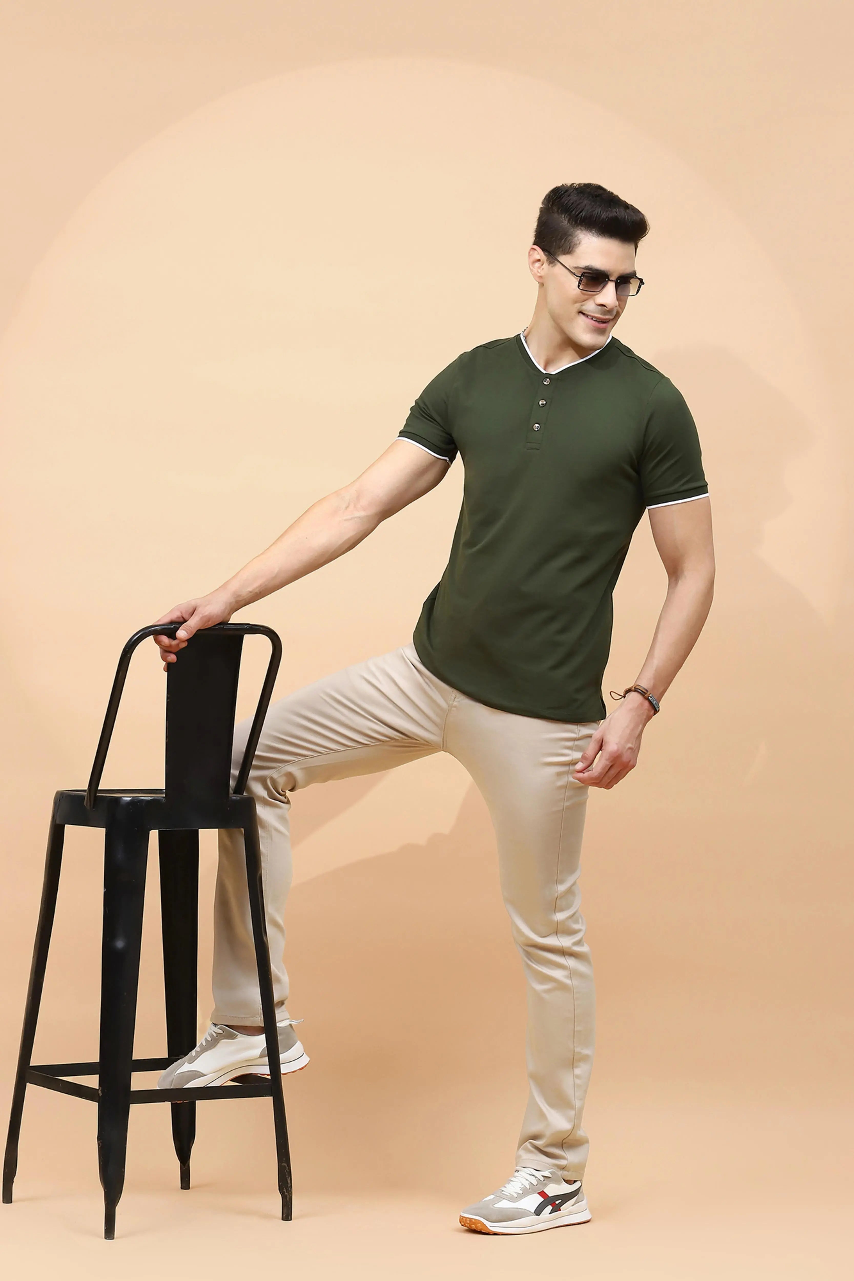 Olive Cotton Blend Regular Fit T-Shirt - Global Republic