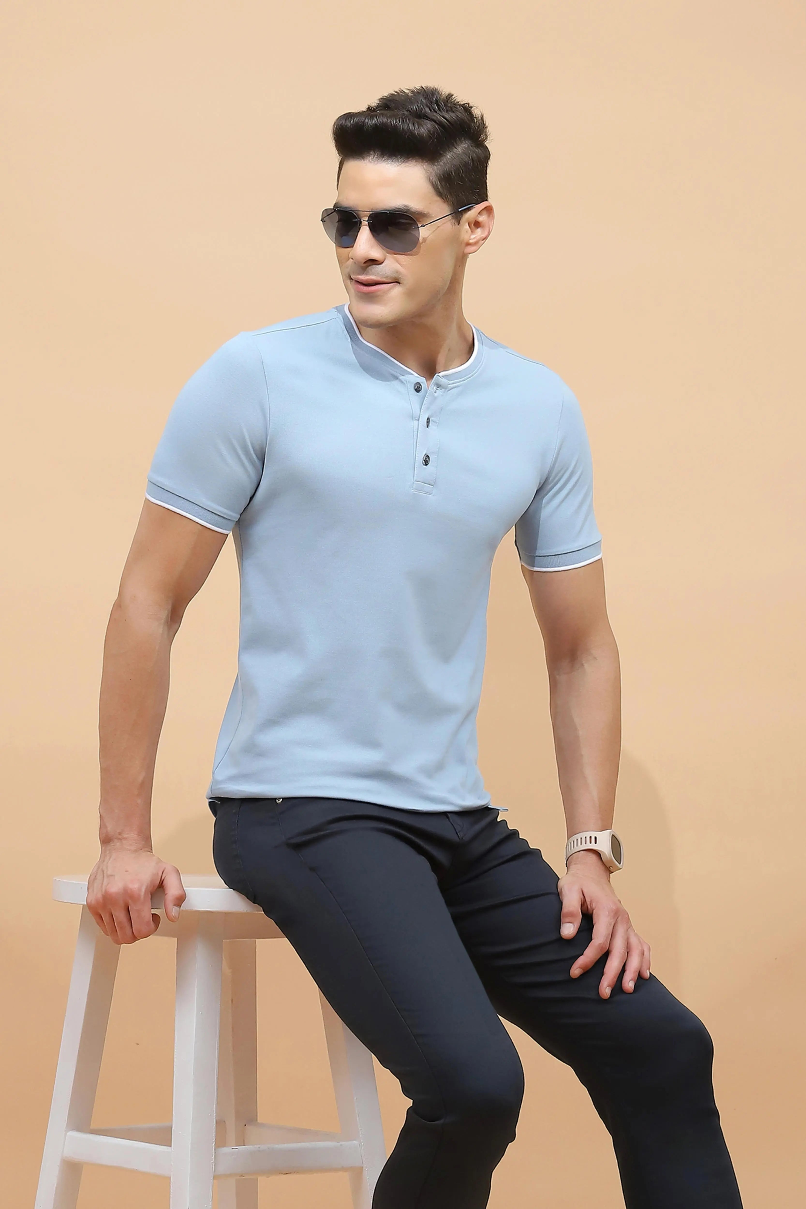 Blue Regular Fit Cotton Blend T-Shirt - Global Republic