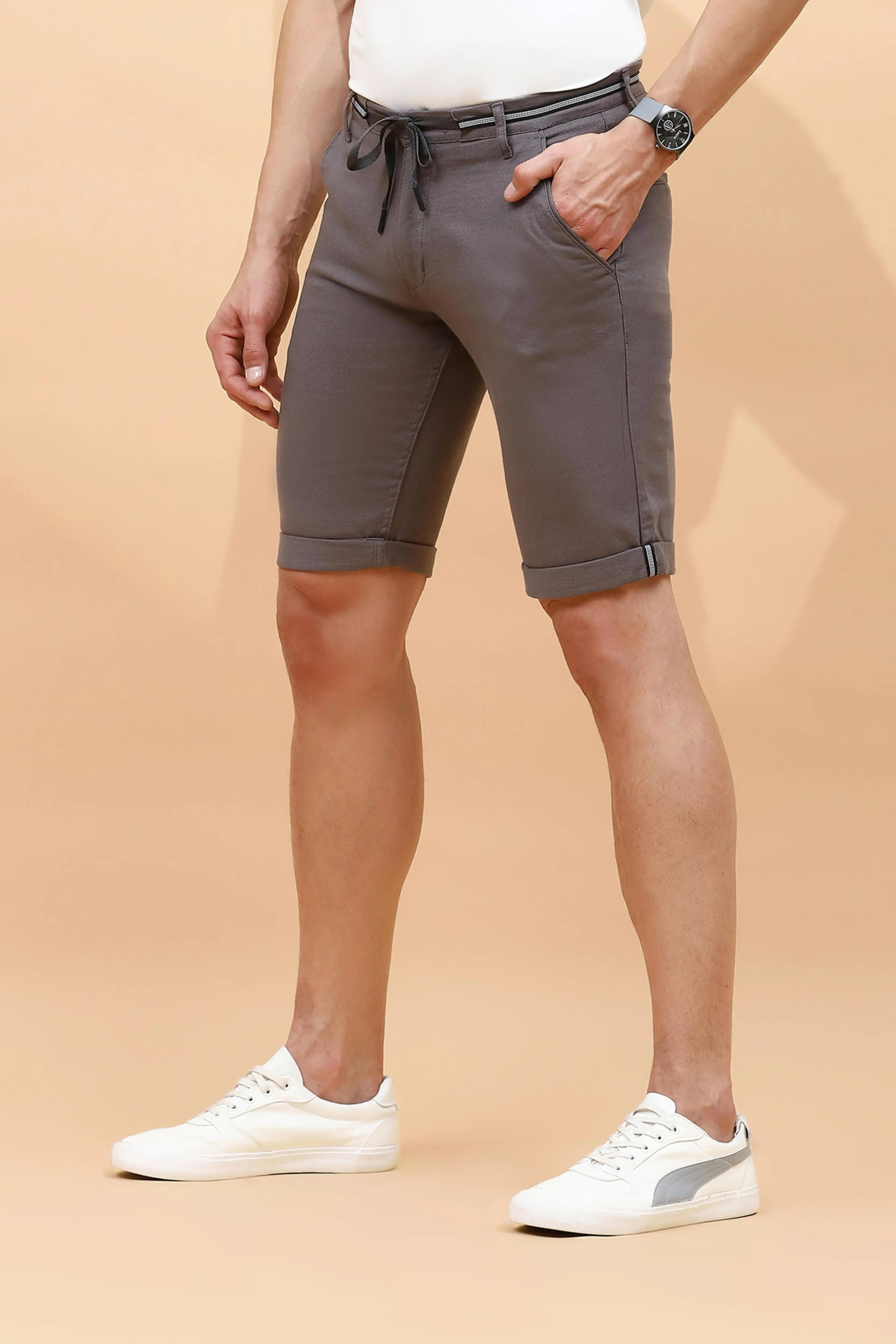 Grey Cotton Blend Regular Fit Shorts For Men - Global Republic