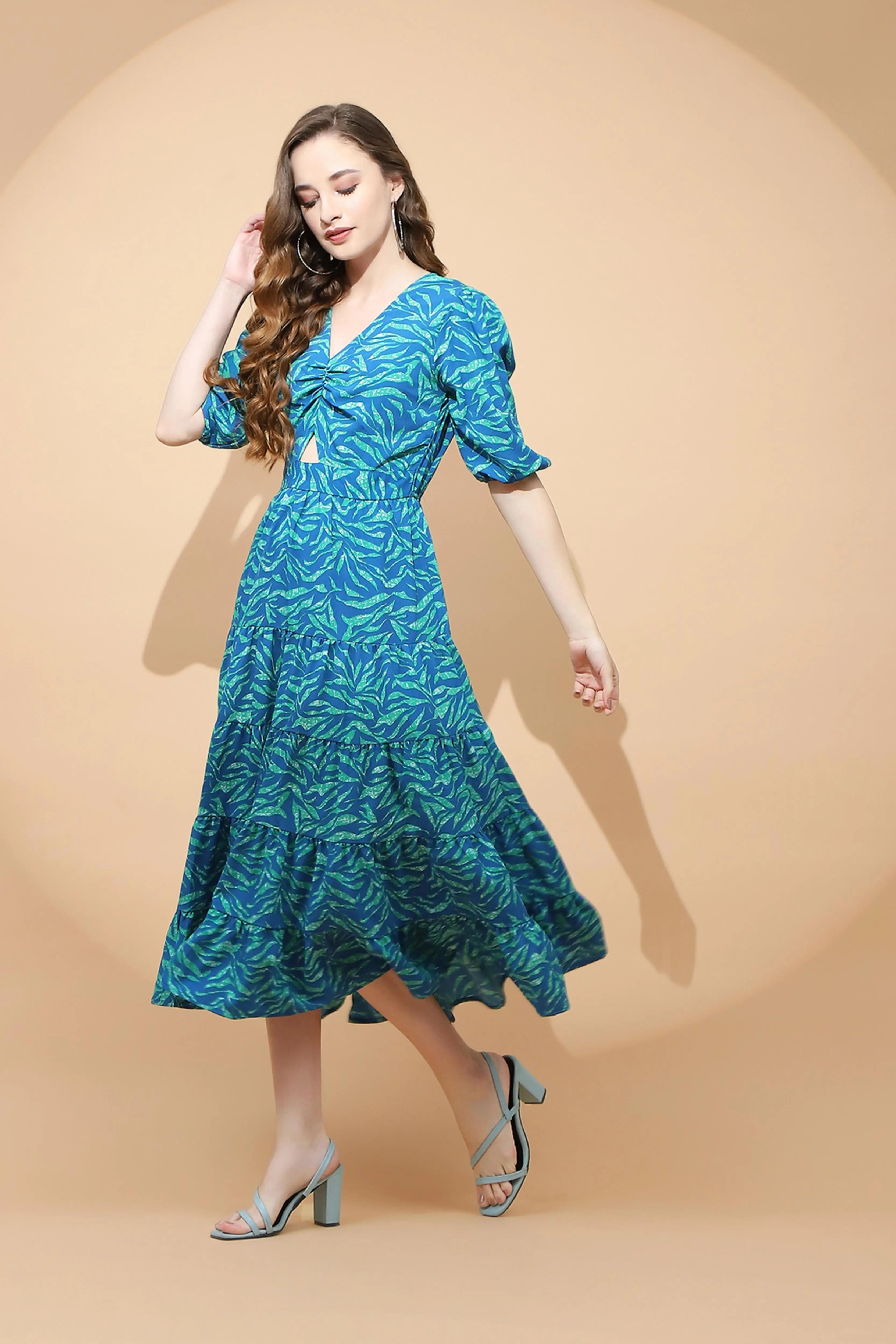 Blue & Green  Fit & Flare Dress - Global Republic