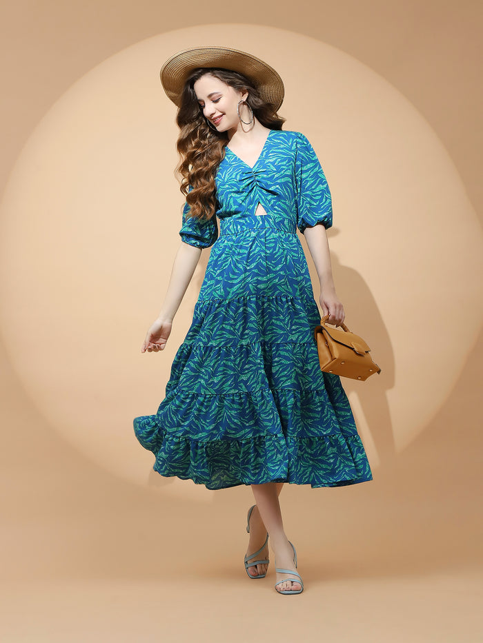 Blue Green Crackle UPF50+ Split Neck Travel Dress
