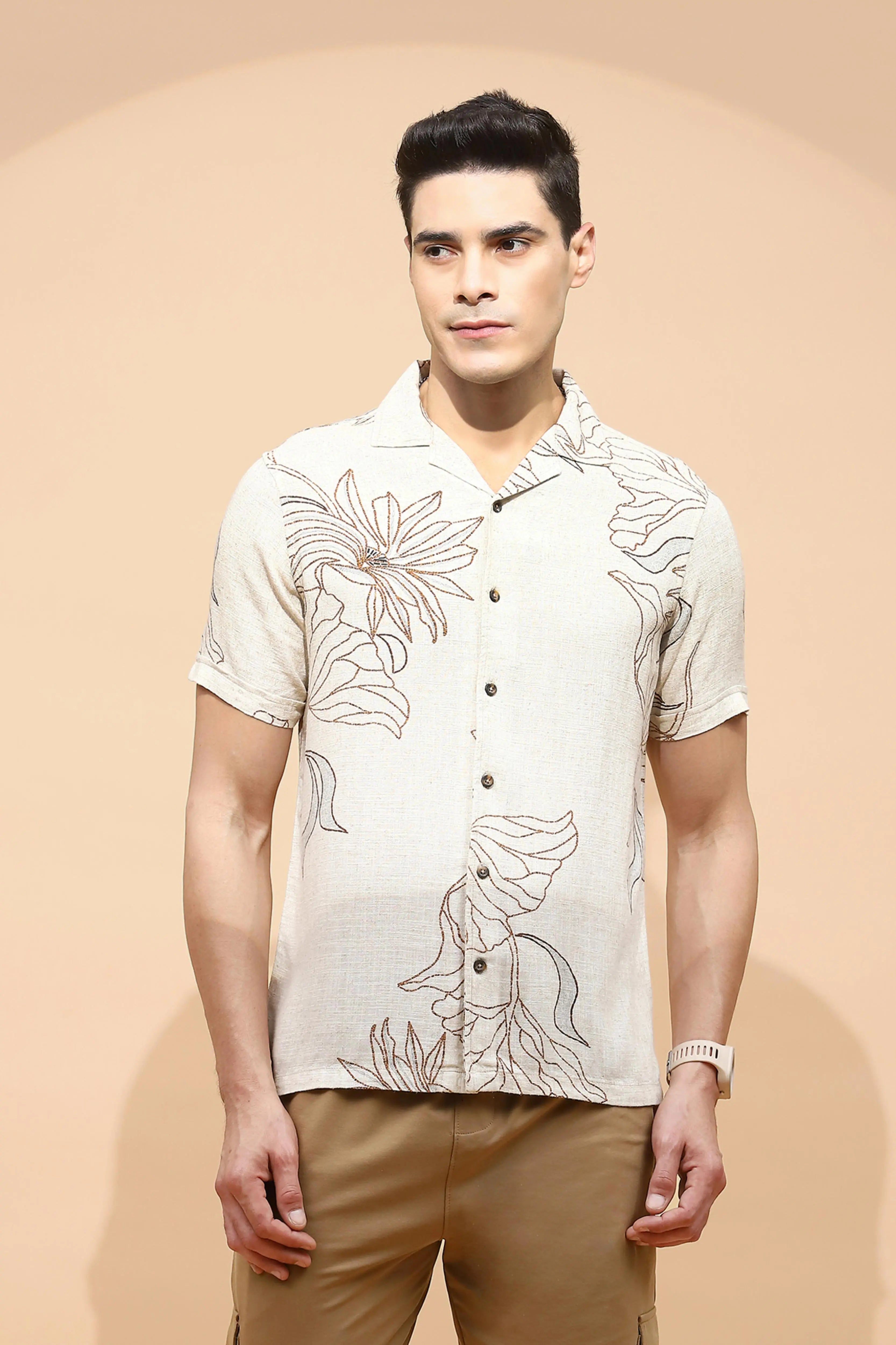Natural Beige Cotton Regular Fit Shirt For Men - Global Republic