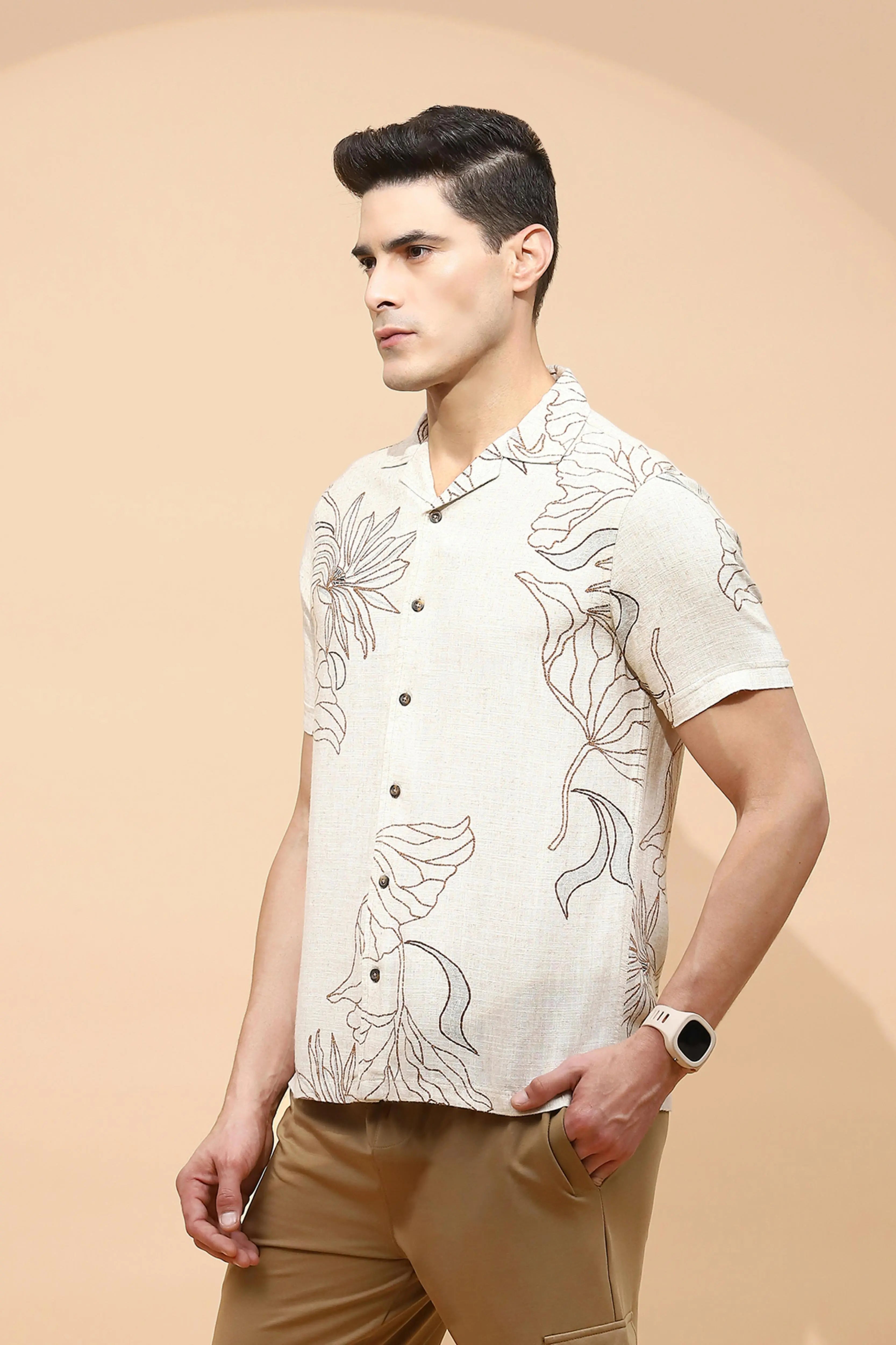 Natural Beige Cotton Regular Fit Shirt For Men - Global Republic
