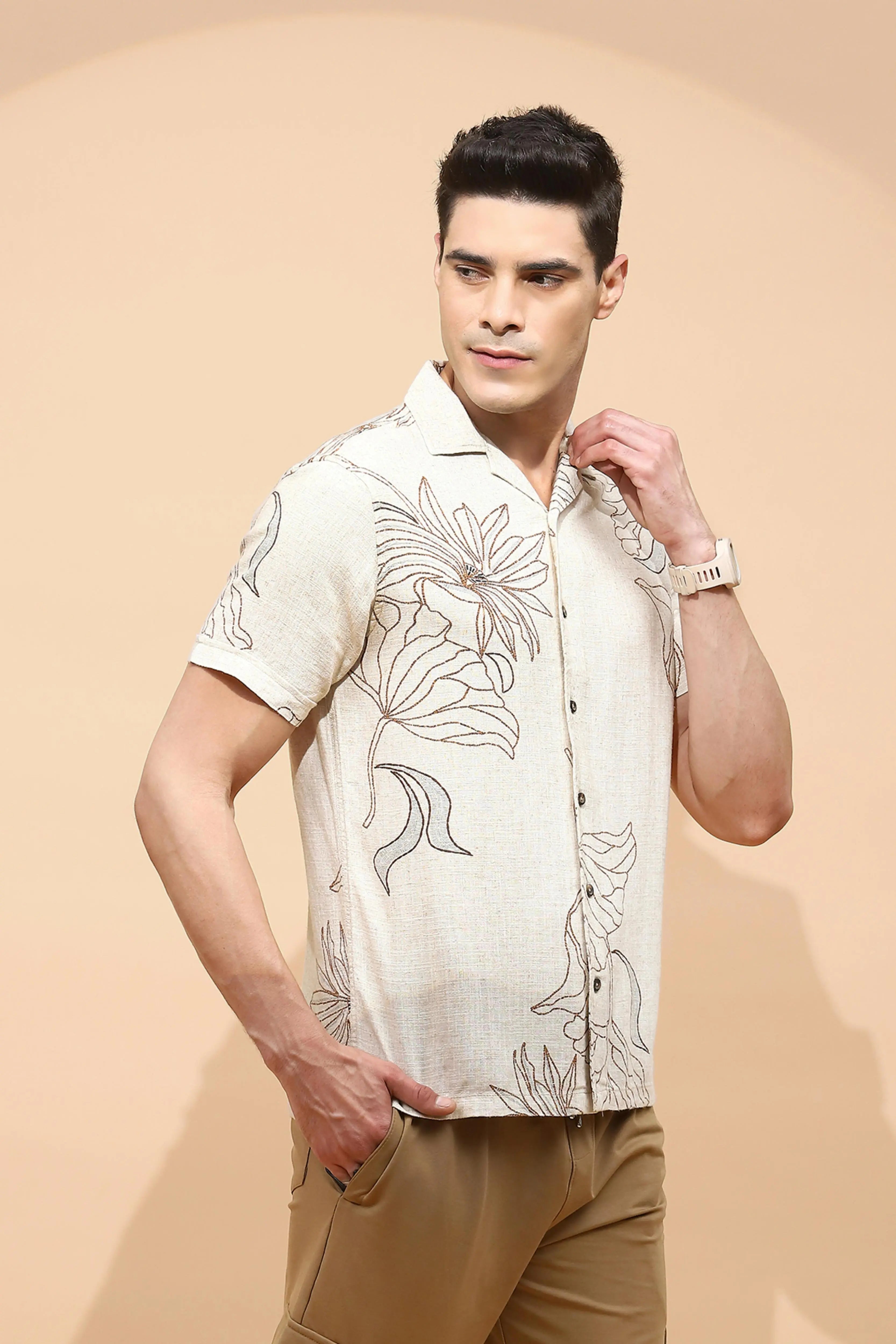 Natural Beige Cotton Regular Fit Shirt For Men - Global Republic
