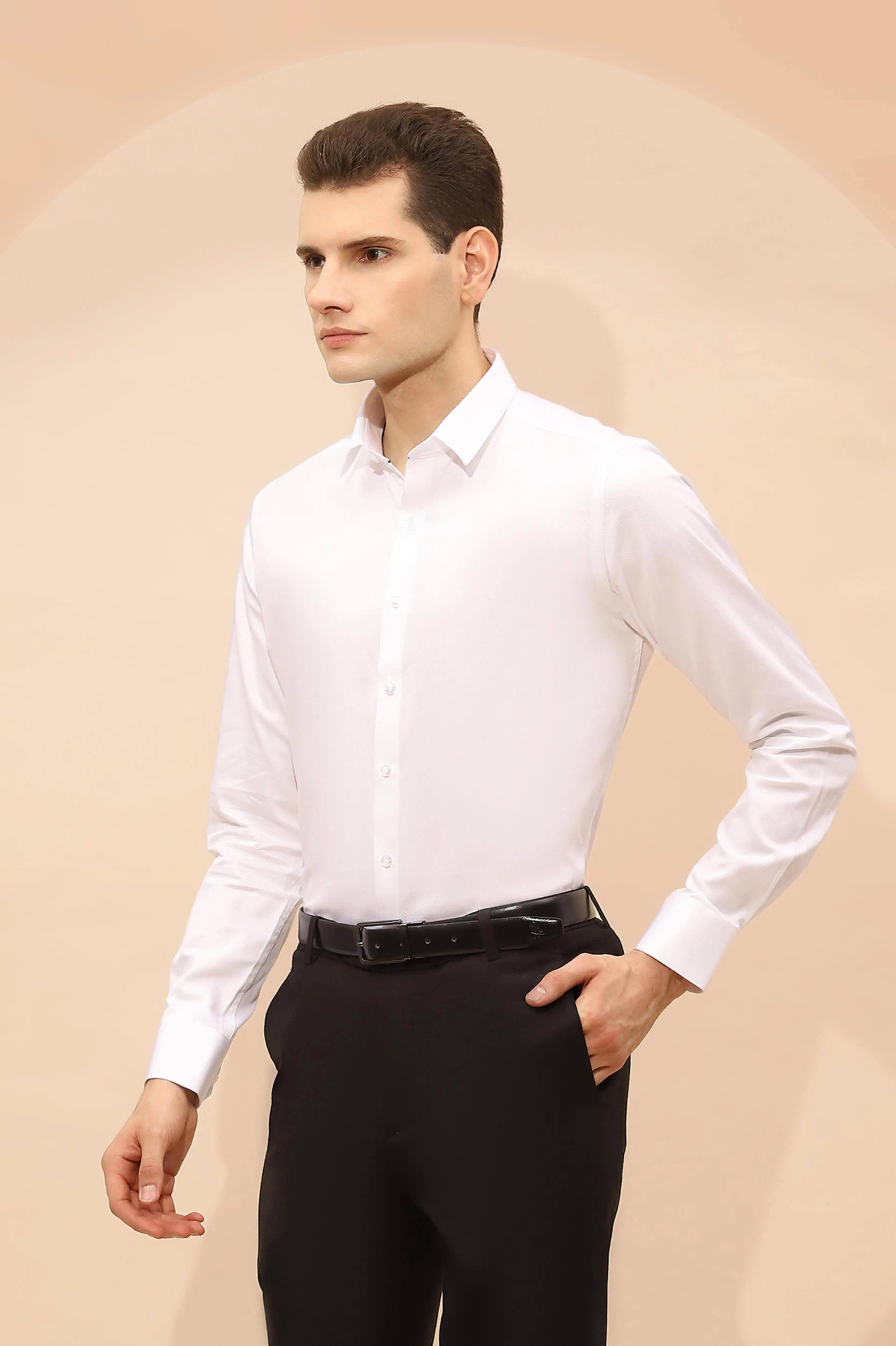 White Cotton Blend Tailored Fit Shirt - Global Republic
