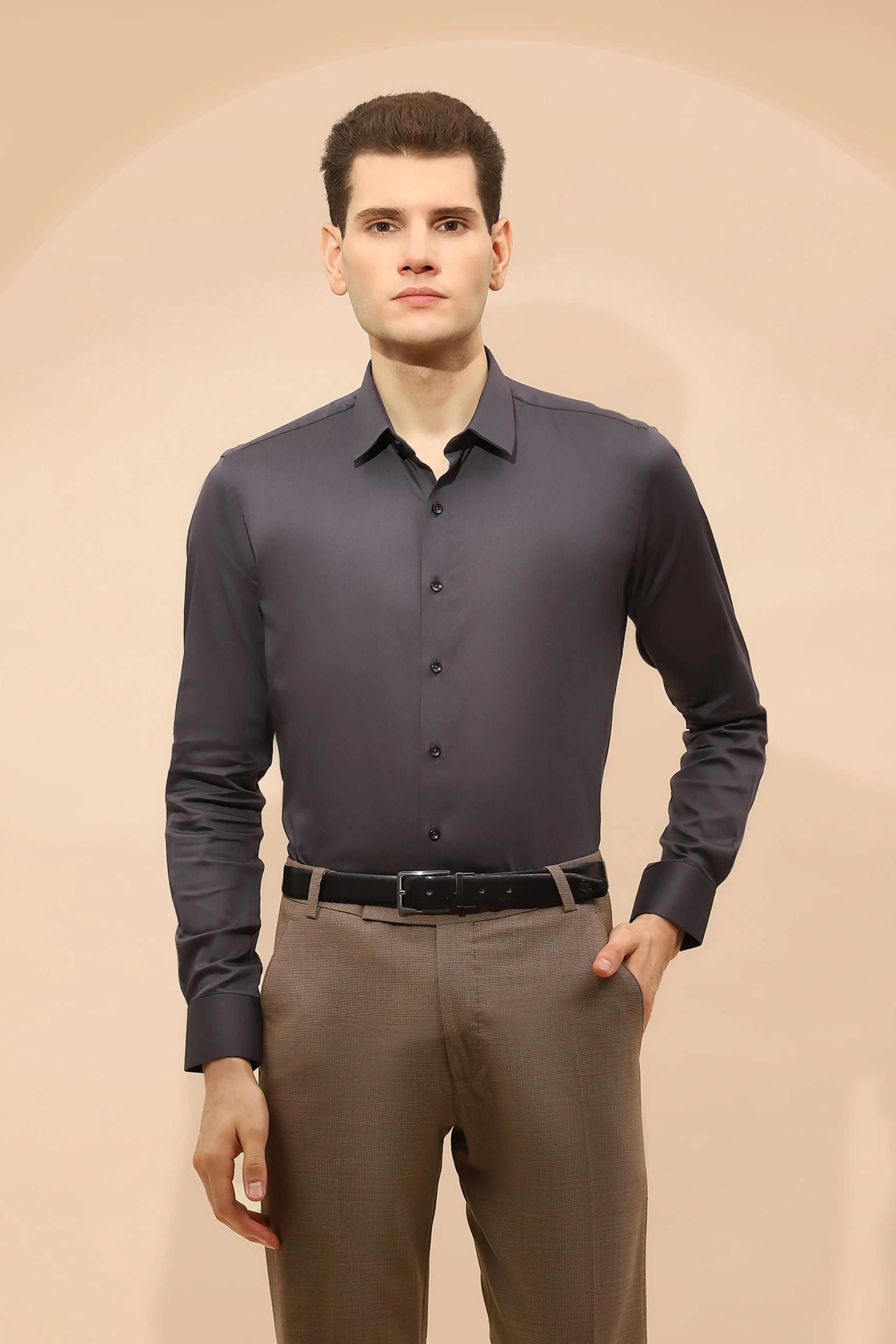 Grey Tailored Fit Cotton Blend Shirt - Global Republic