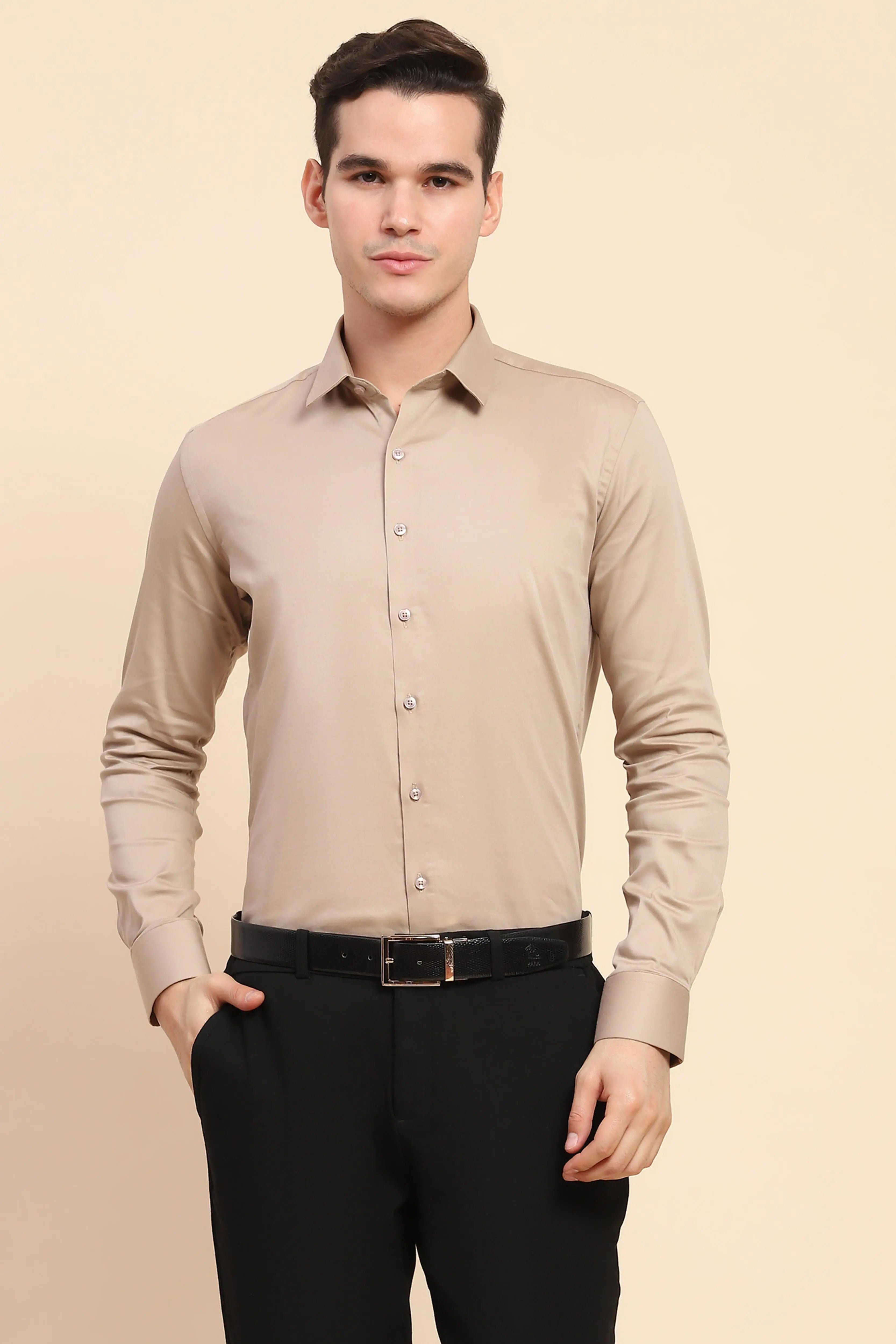 Beige Cotton Blend Solid Formal Shirt - Global Republic