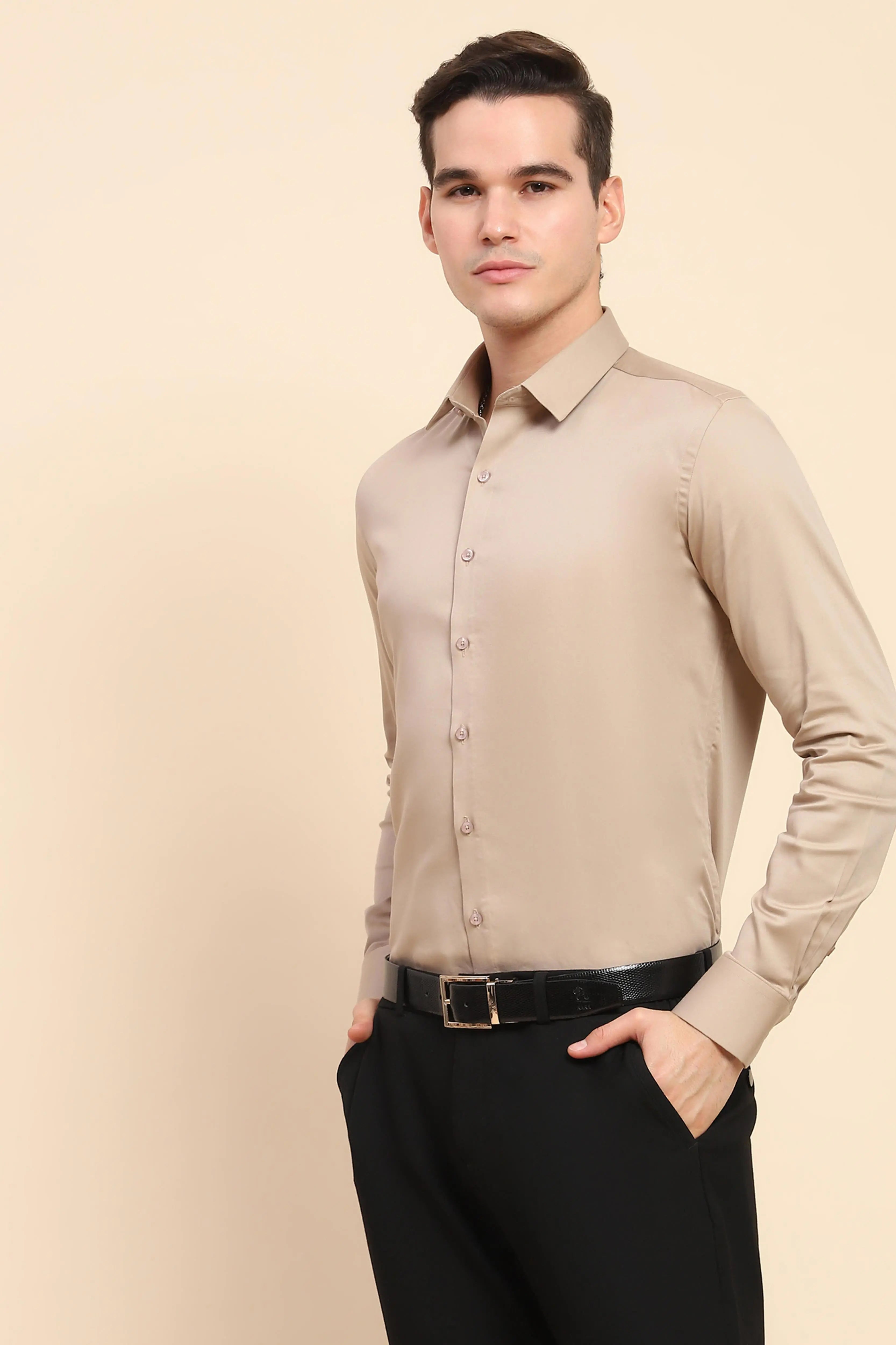 Beige Cotton Blend Solid Formal Shirt - Global Republic