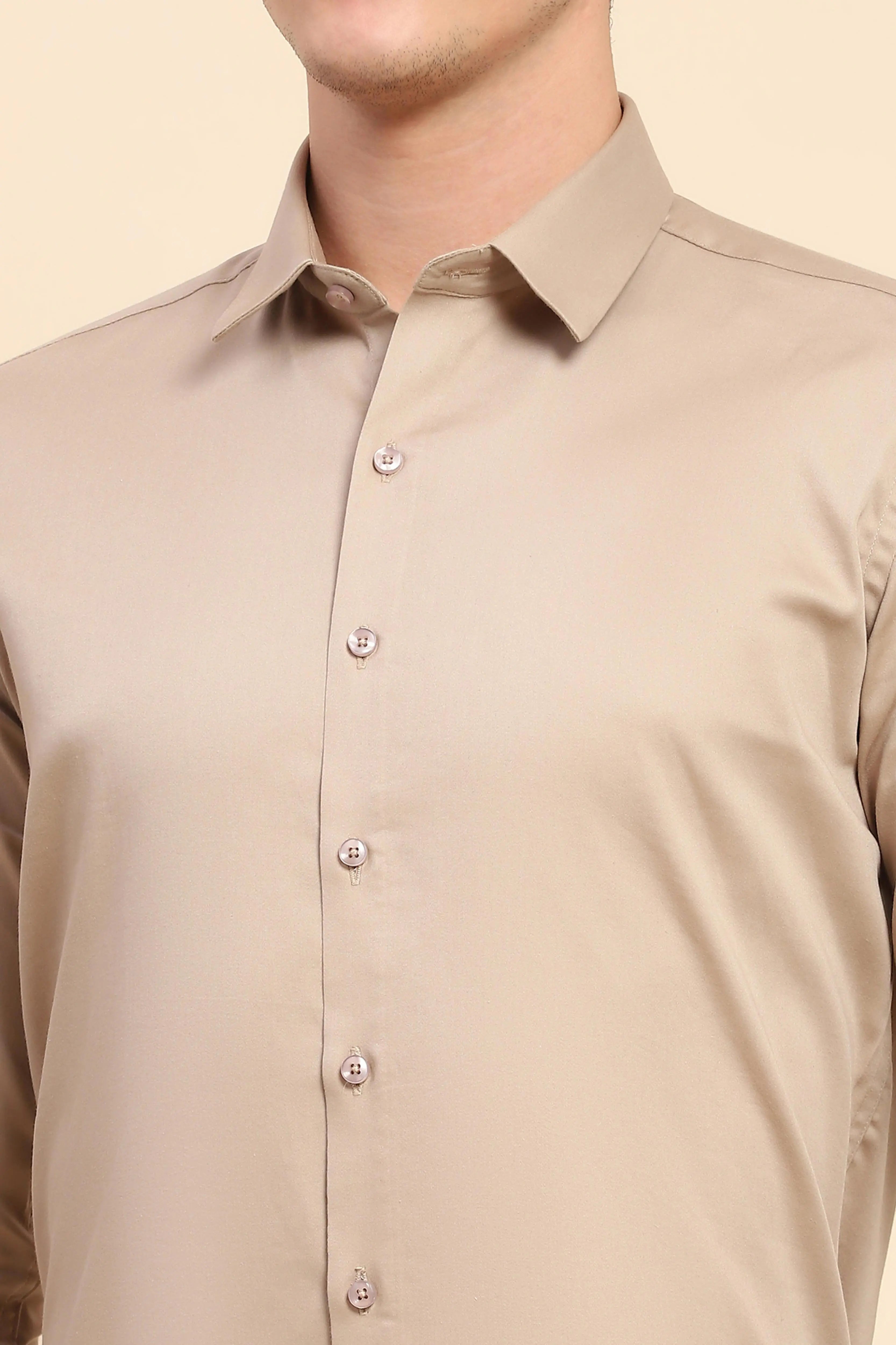 Beige Cotton Blend Solid Formal Shirt - Global Republic
