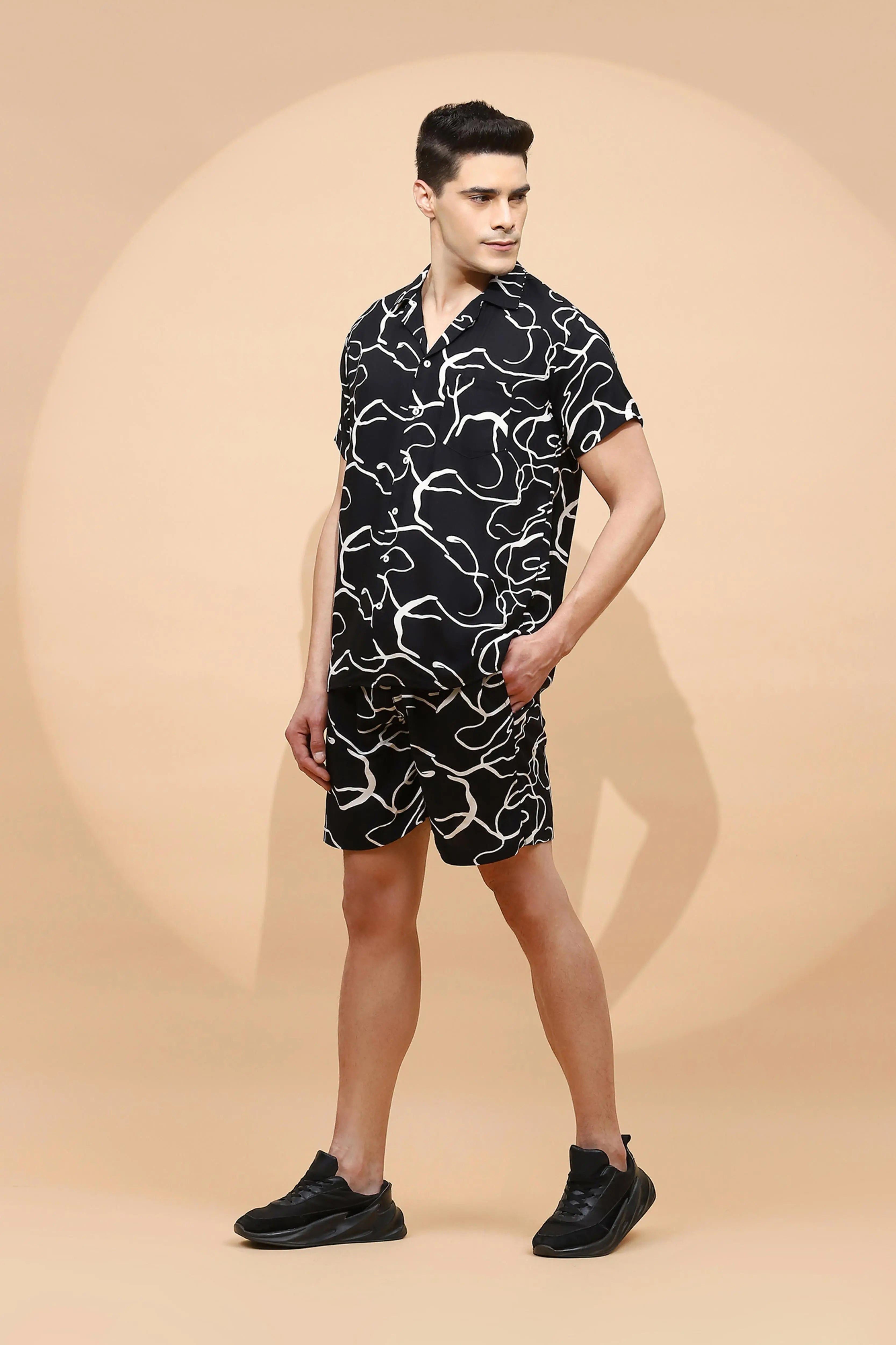 Black Cotton Blend Regular Fit Shorts Set For Men - Global Republic