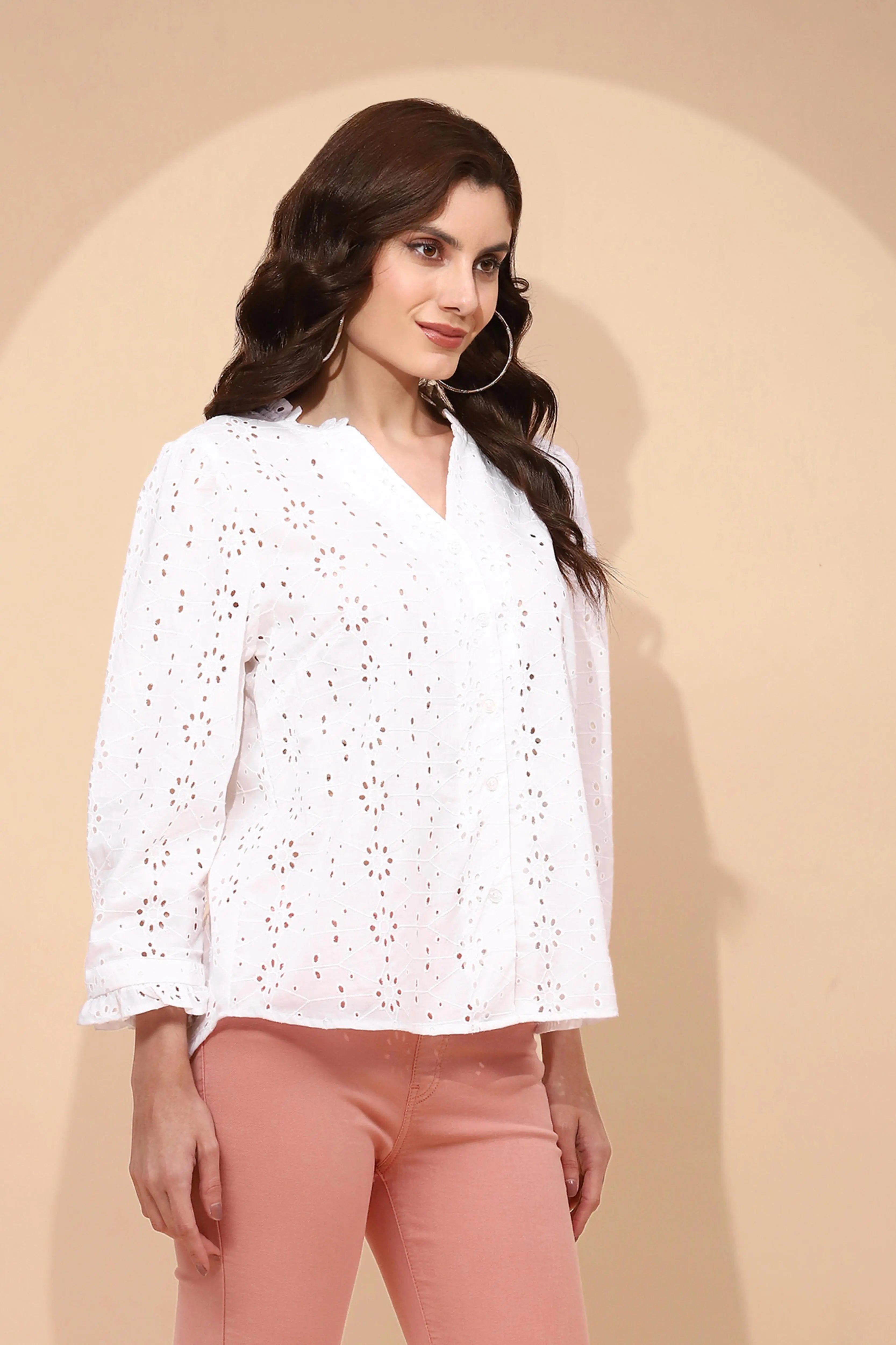 White Cotton Regular Fit Schiffli Shirt - Global Republic