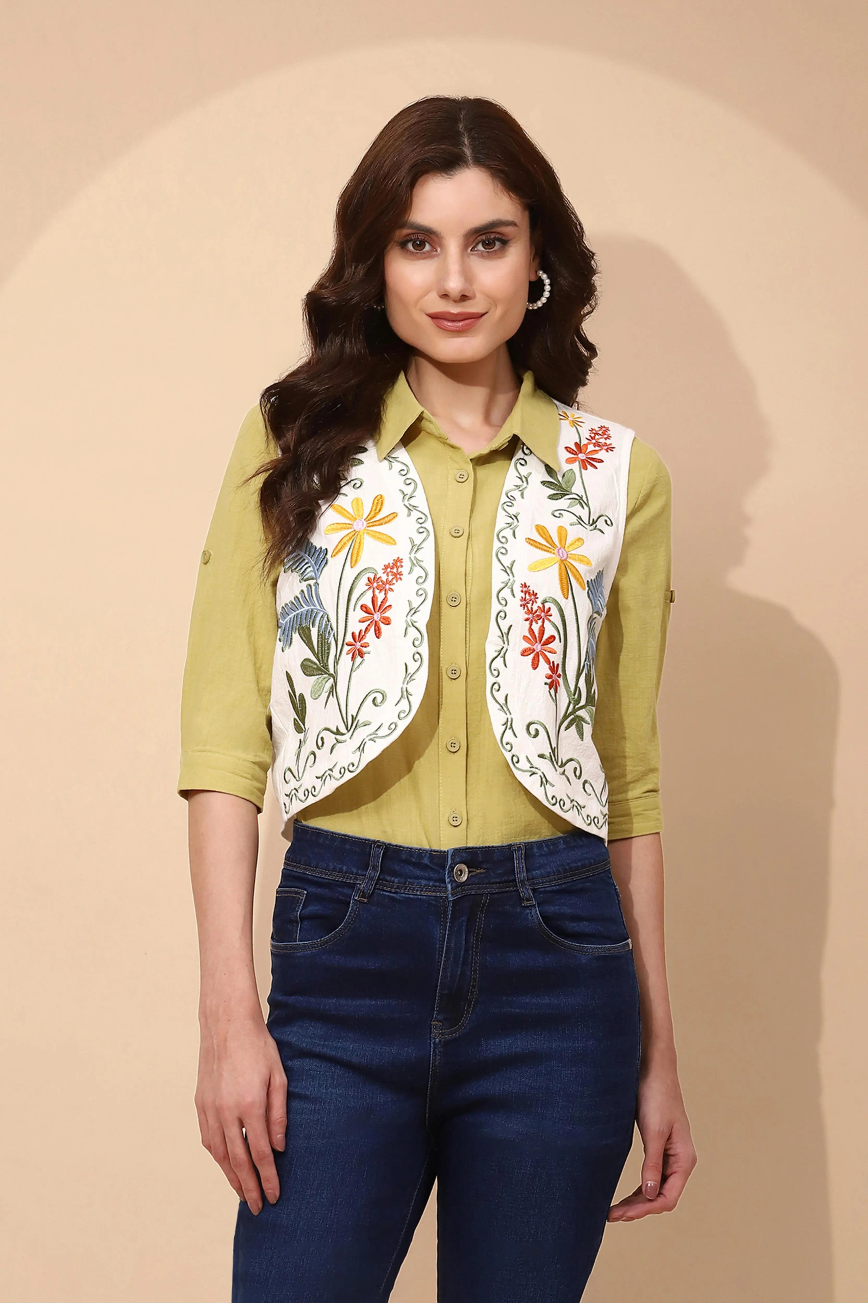 White Cotton Embroidered Waist Coat - Global Republic