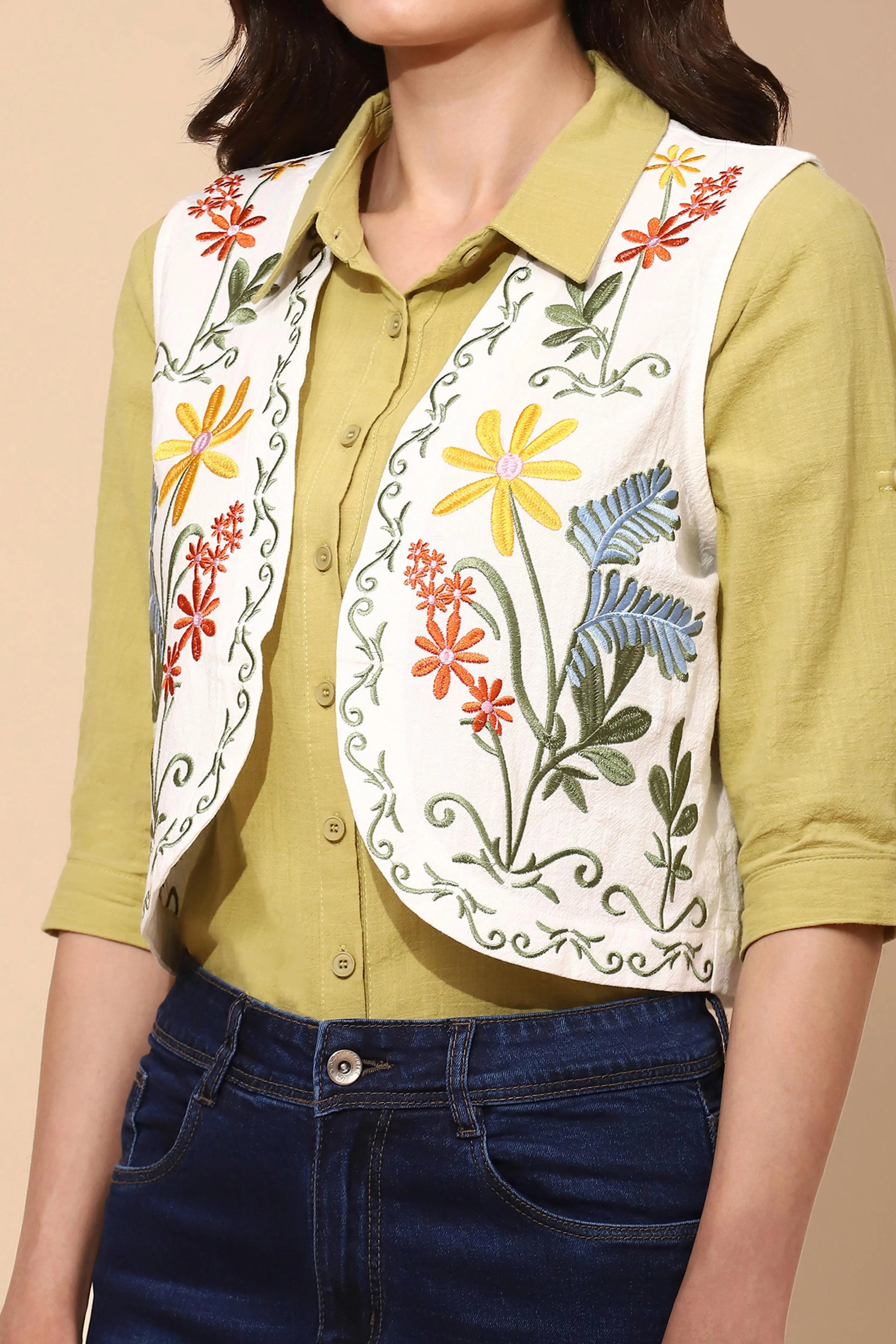 White Cotton Embroidered Waist Coat - Global Republic