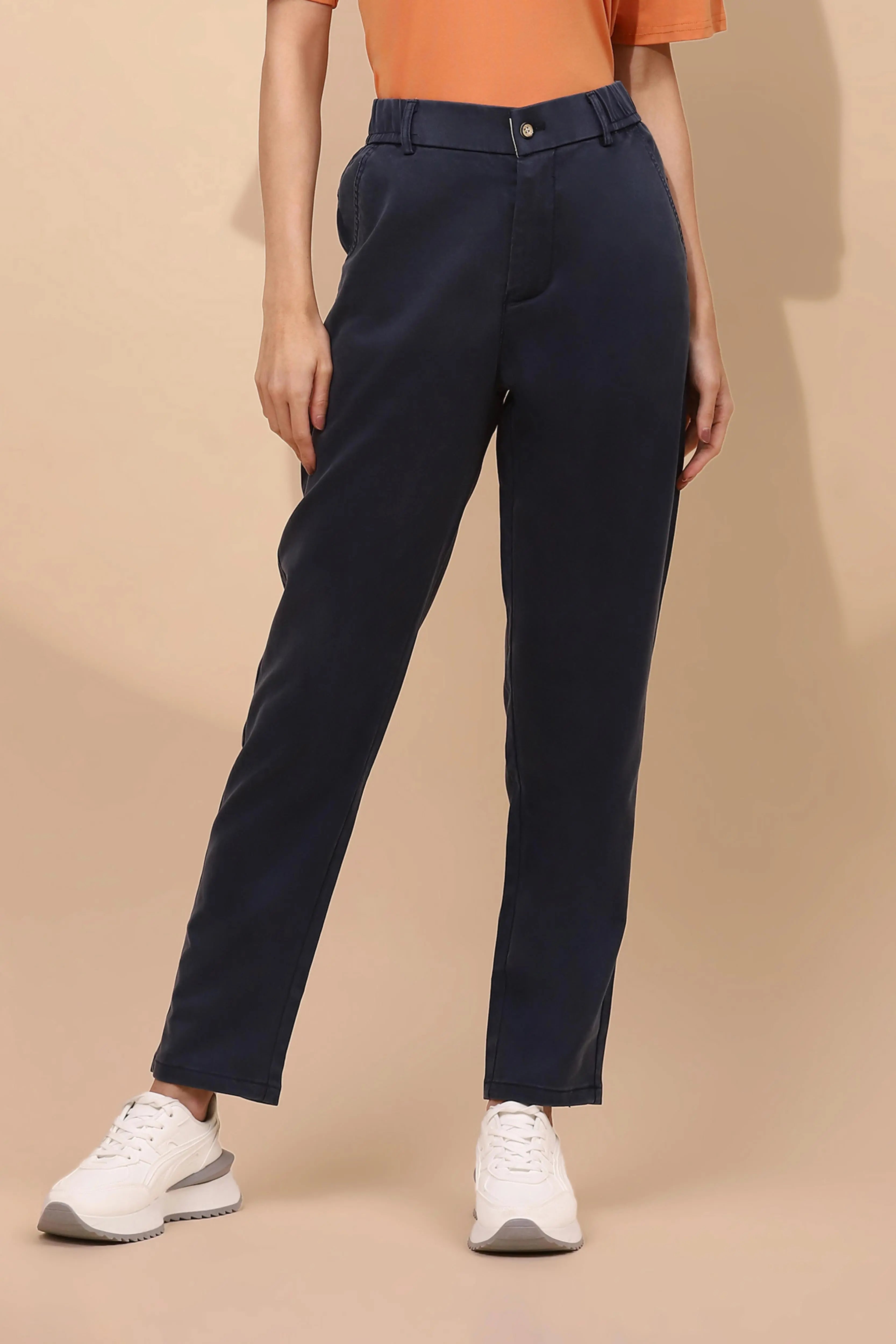 Navy Cotton Blend Slim Trouser - Global Republic