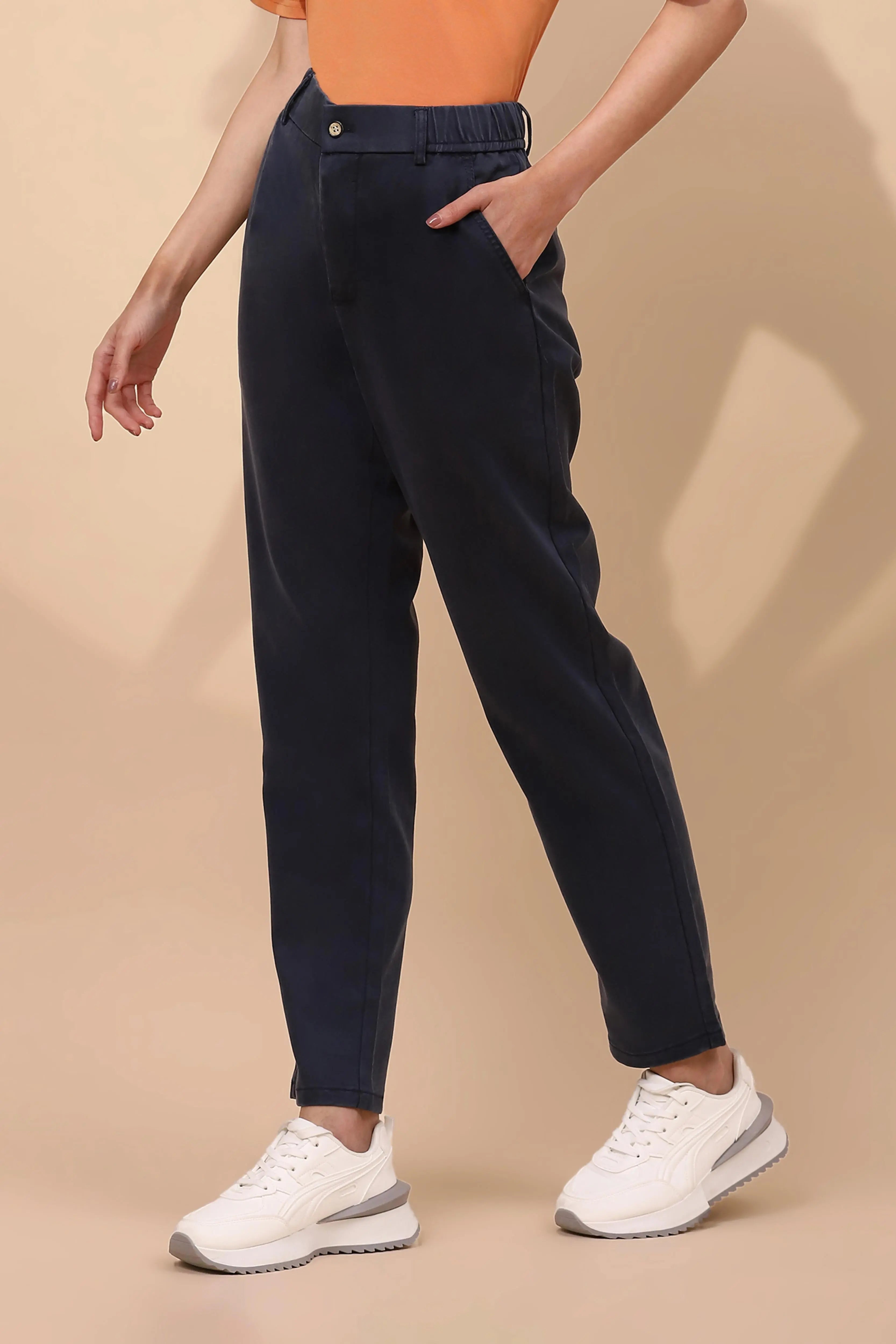 Navy Cotton Blend Slim Trouser - Global Republic