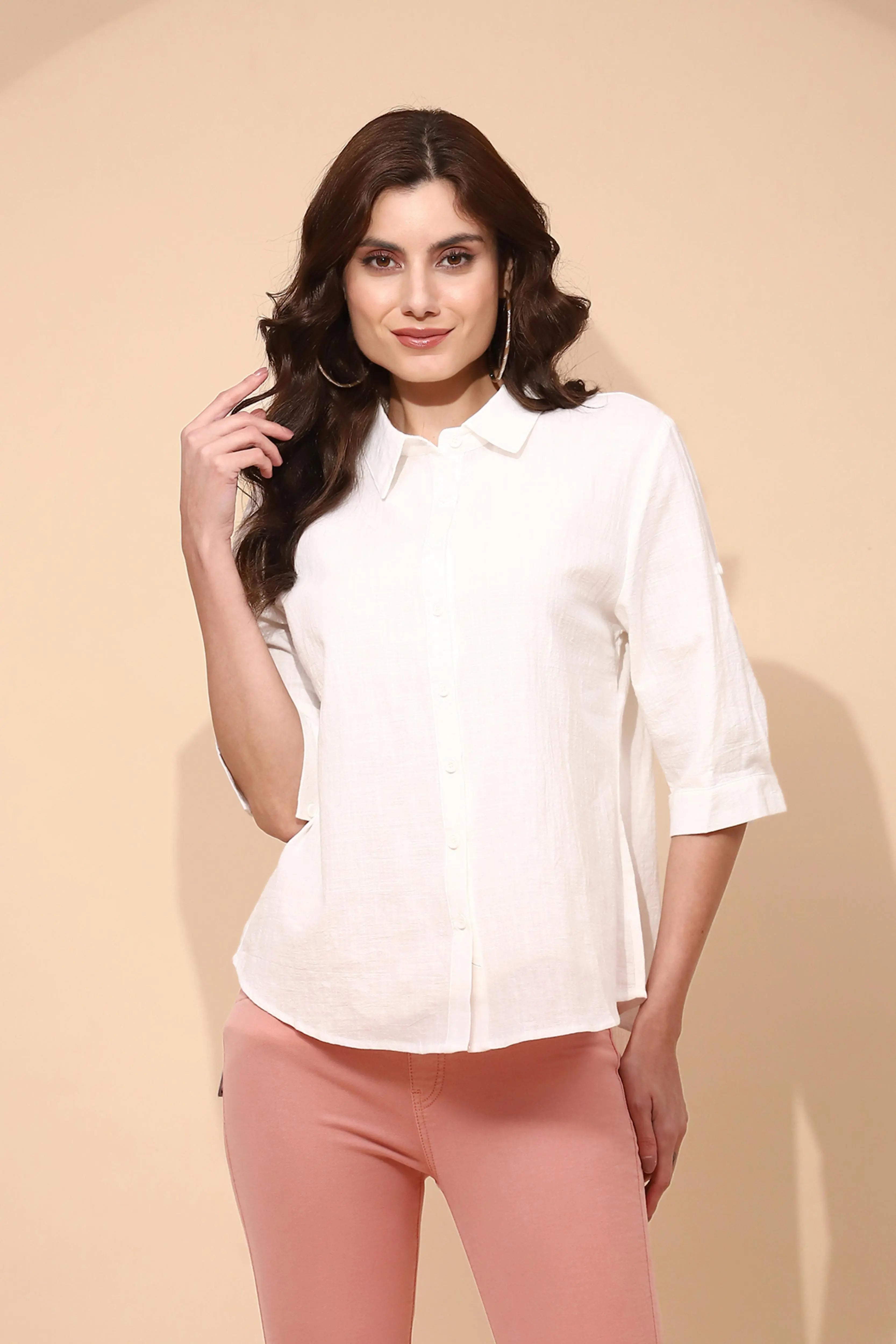 White Cotton Blend Regular Fit Shirt - Global Republic