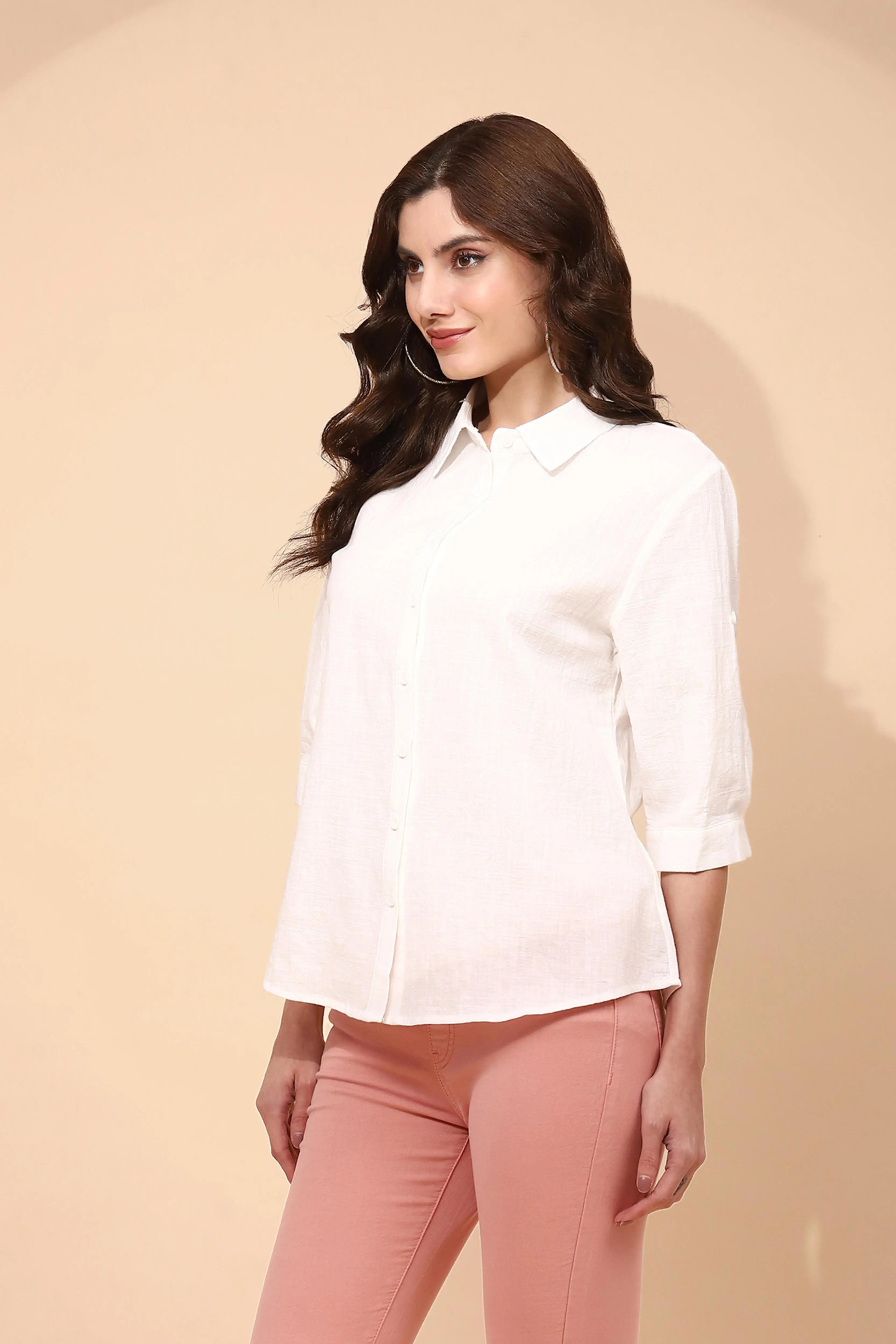 White Cotton Blend Regular Fit Shirt - Global Republic