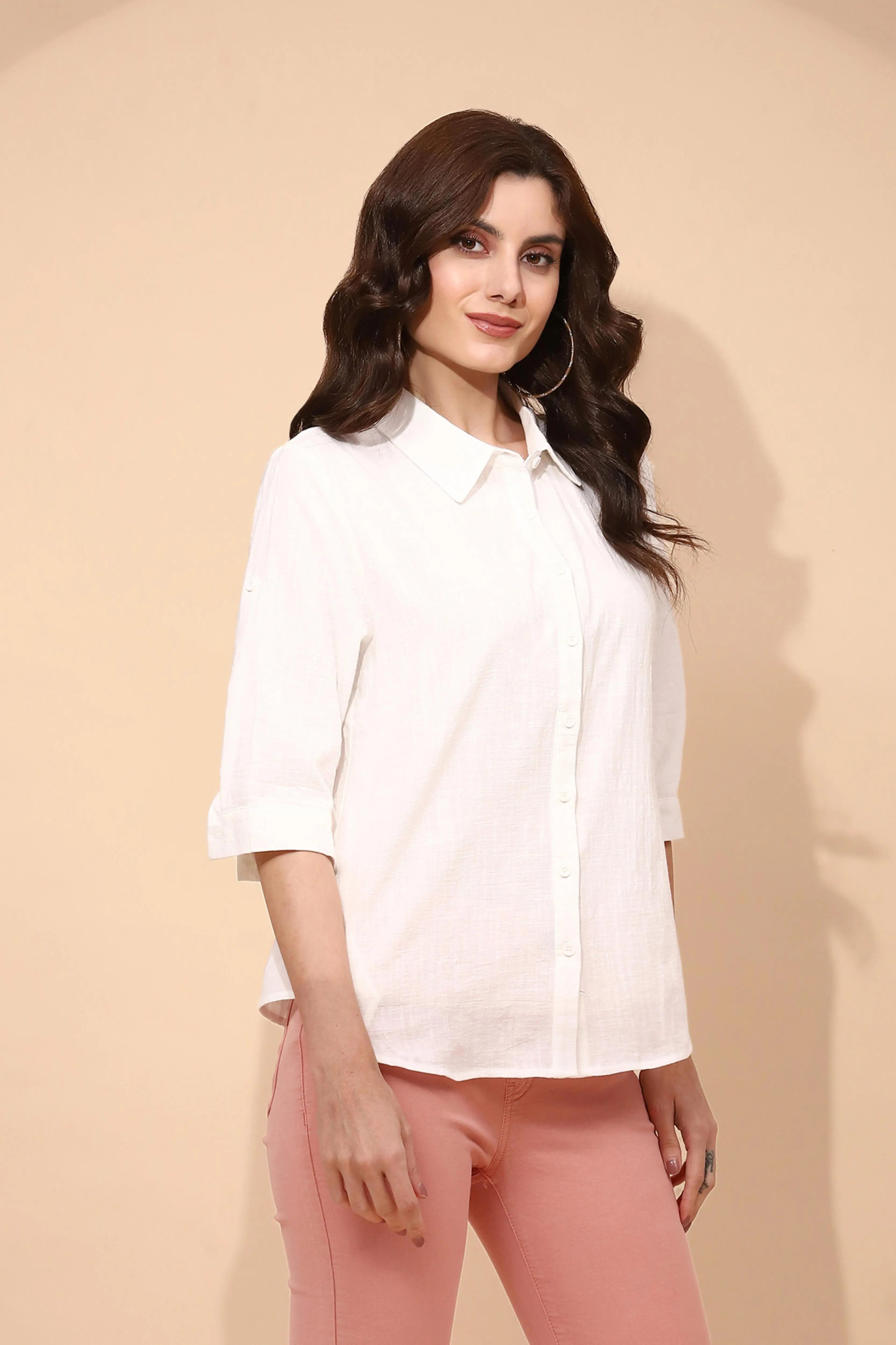 White Cotton Blend Regular Fit Shirt - Global Republic