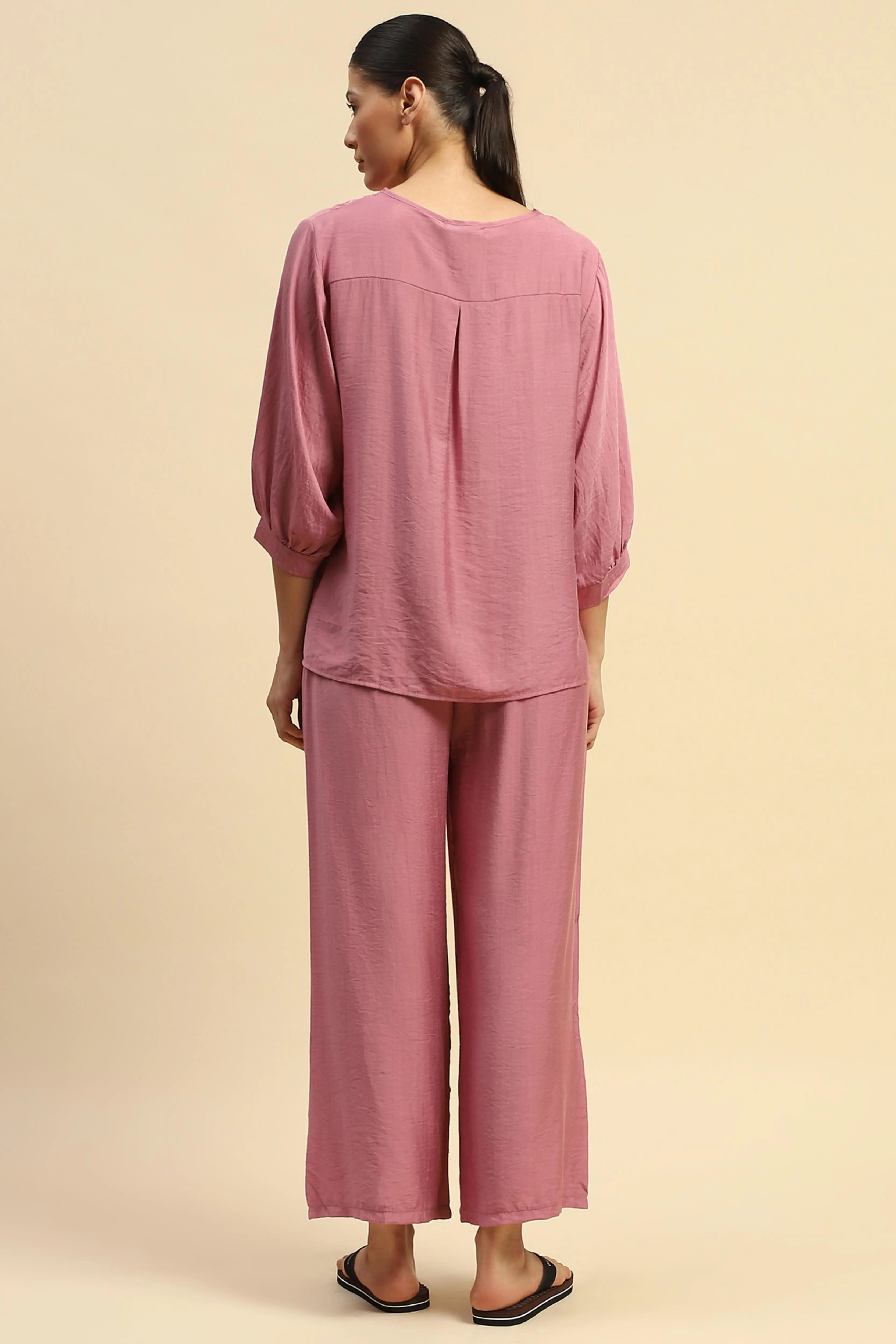 Dusty Pink Rayon Relaxed Fit Nightsuit - Global Republic