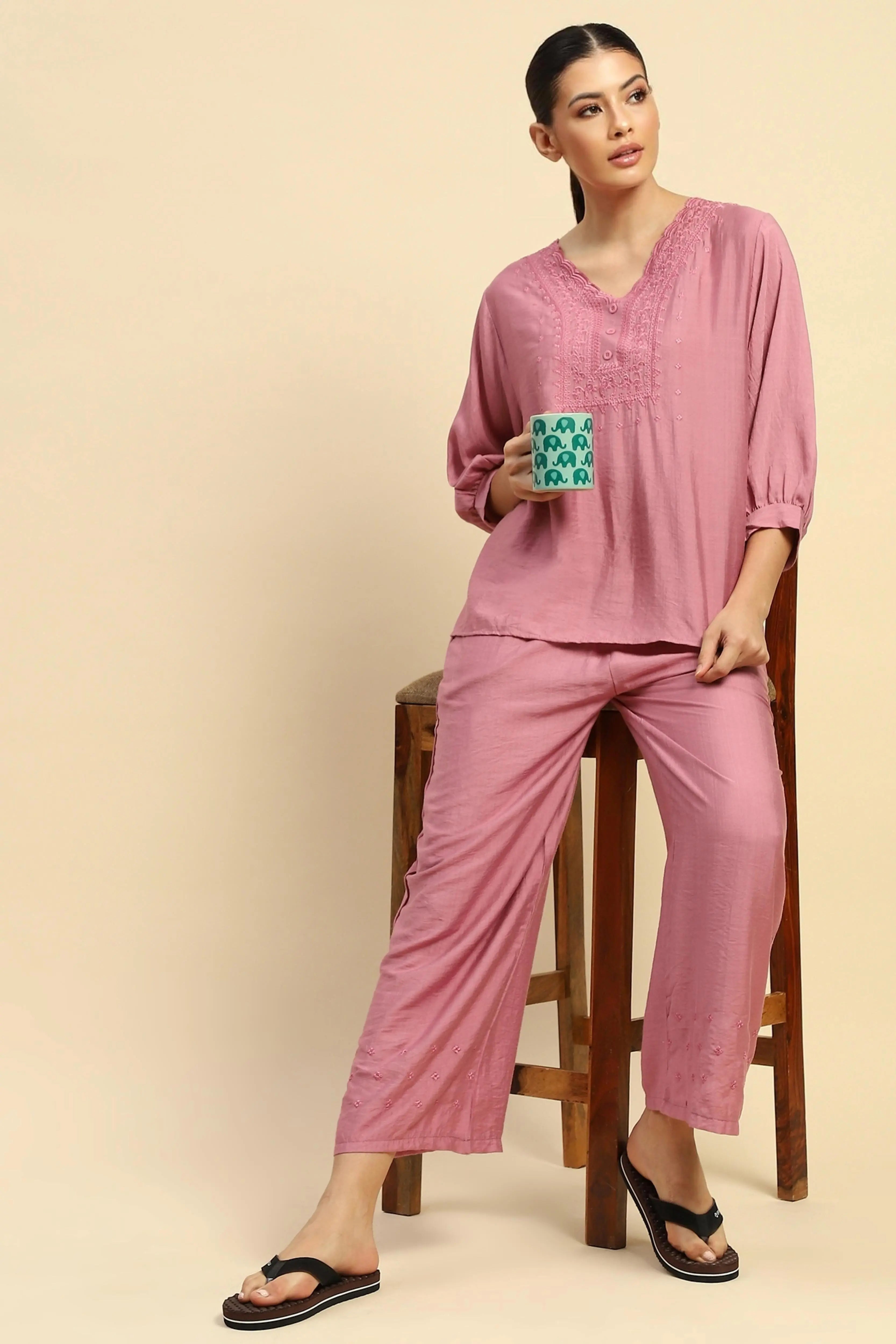 Dusty Pink Rayon Relaxed Fit Nightsuit - Global Republic
