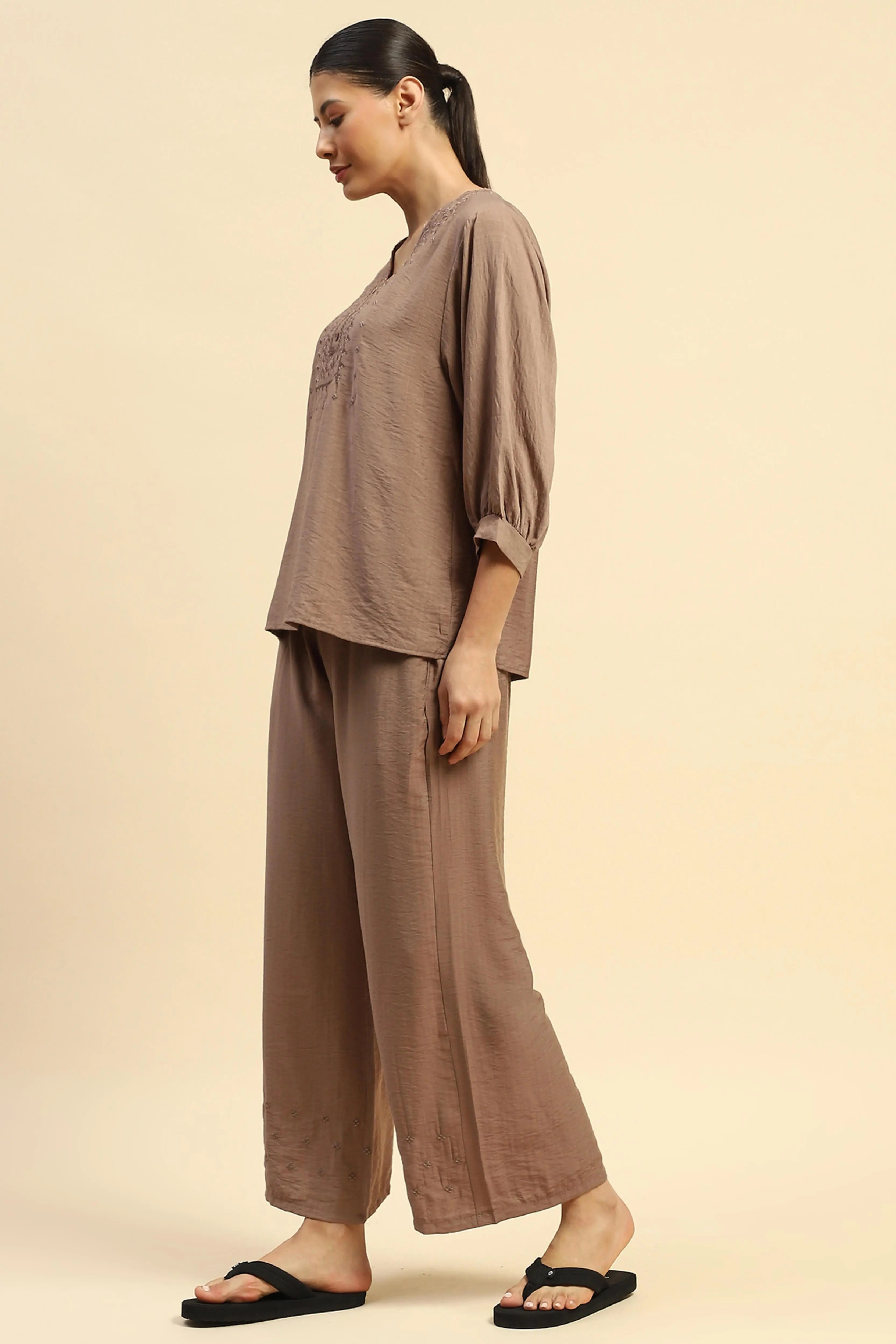 Coffee Rayon Relaxed Fit Night Suit For Women - Global Republic