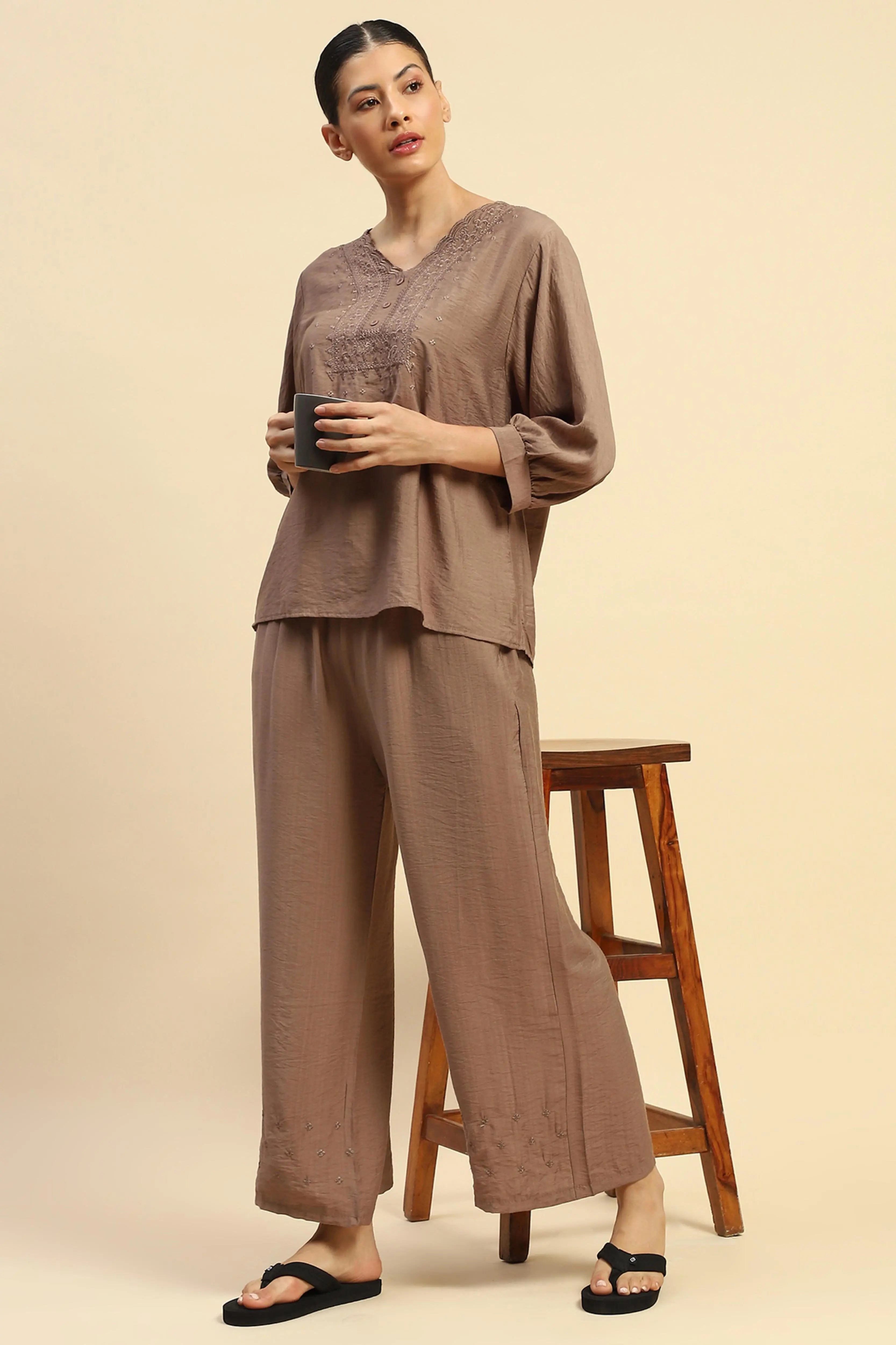 Coffee Rayon Relaxed Fit Night Suit For Women - Global Republic