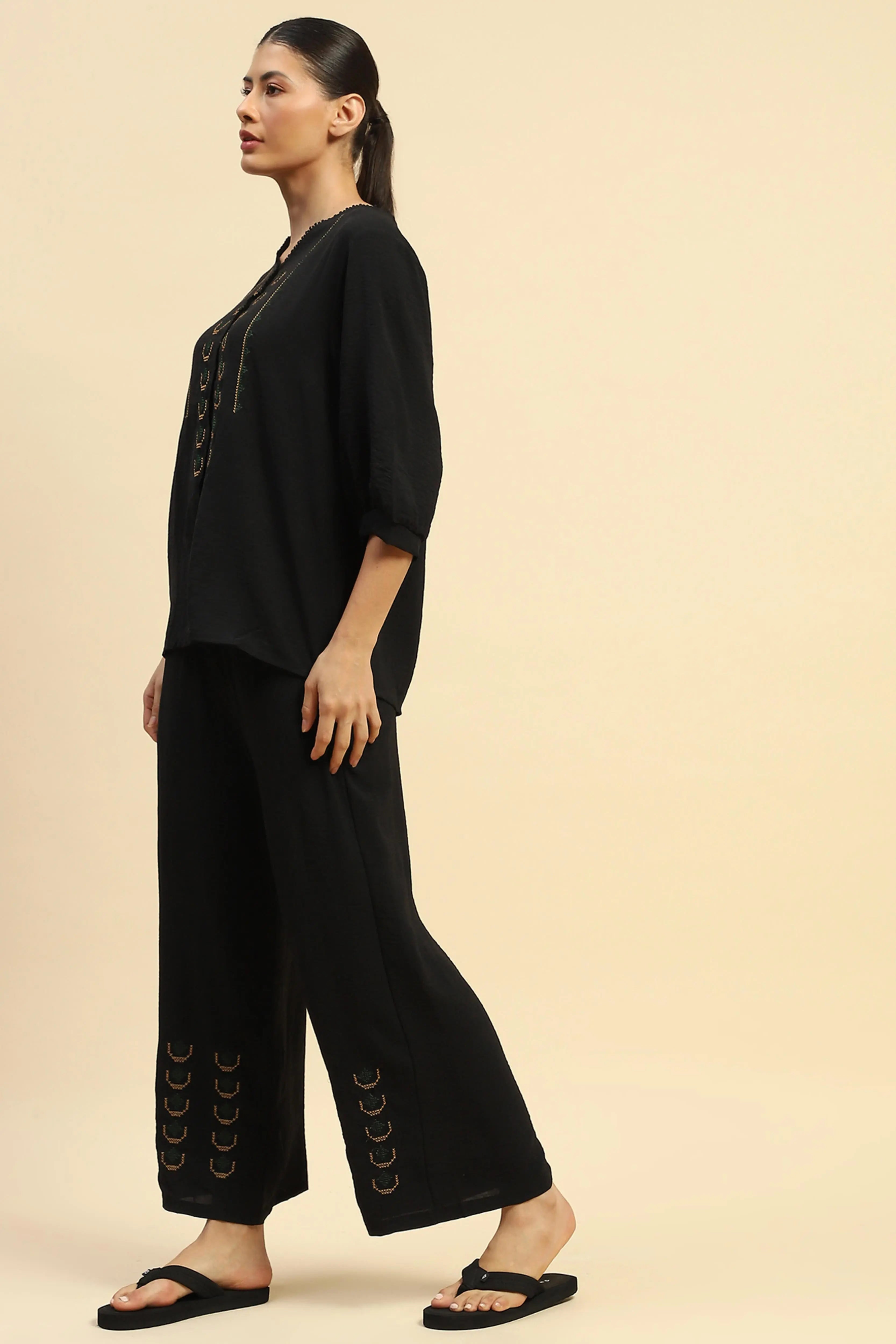Black  Nylon Relaxed Fit Night Suit For Women - Global Republic