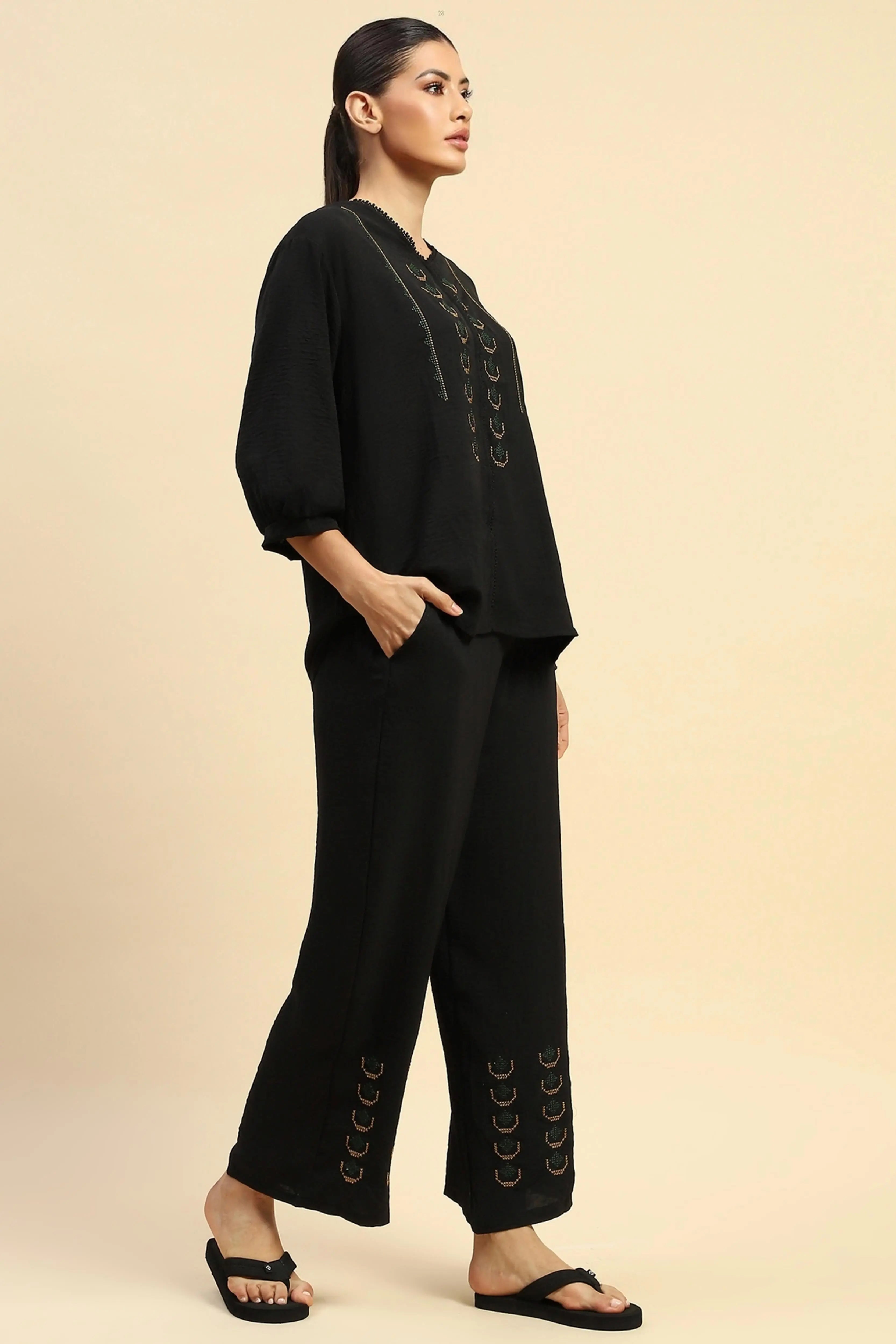 Black  Nylon Relaxed Fit Night Suit For Women - Global Republic