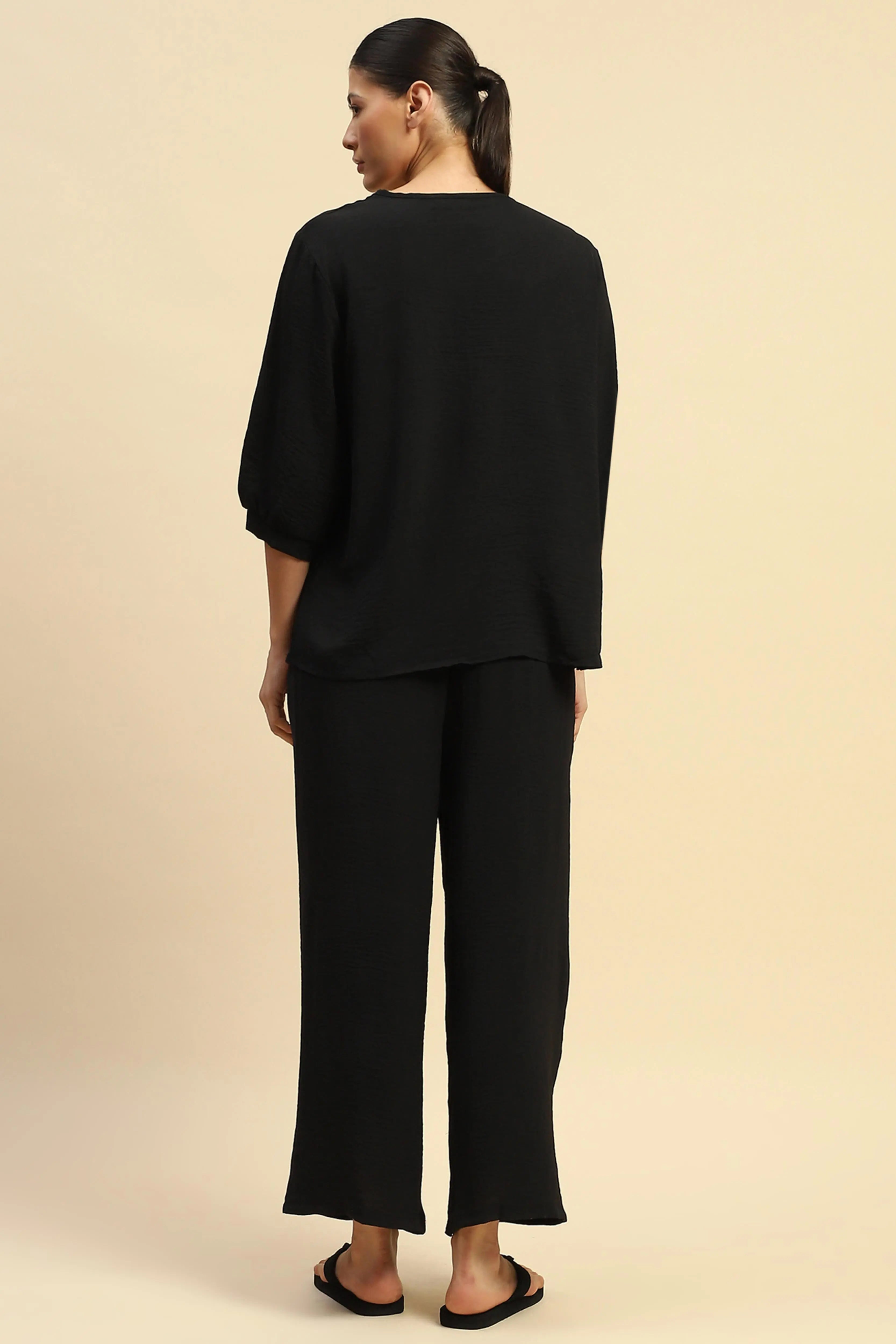 Black  Nylon Relaxed Fit Night Suit For Women - Global Republic