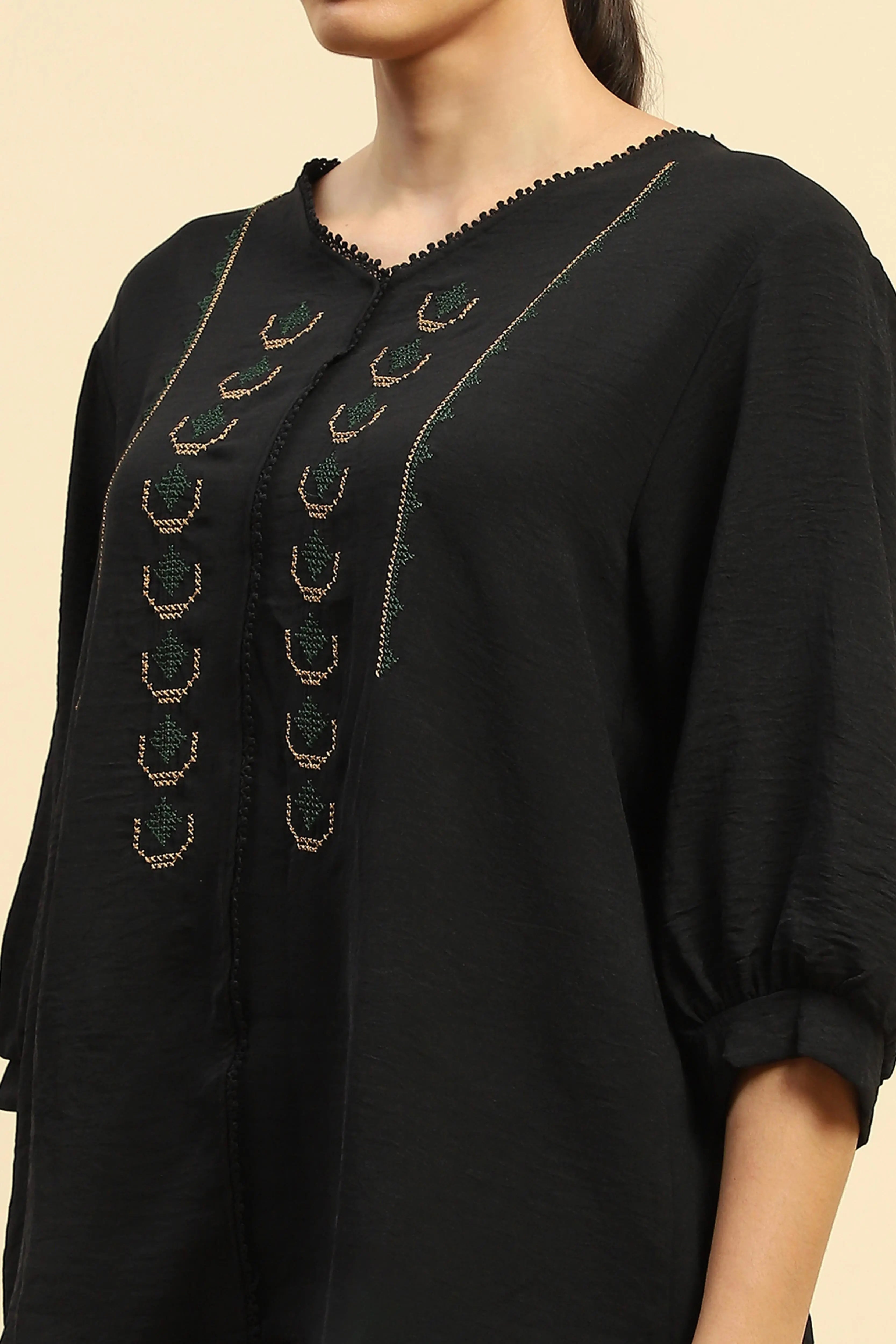 Black  Nylon Relaxed Fit Night Suit For Women - Global Republic