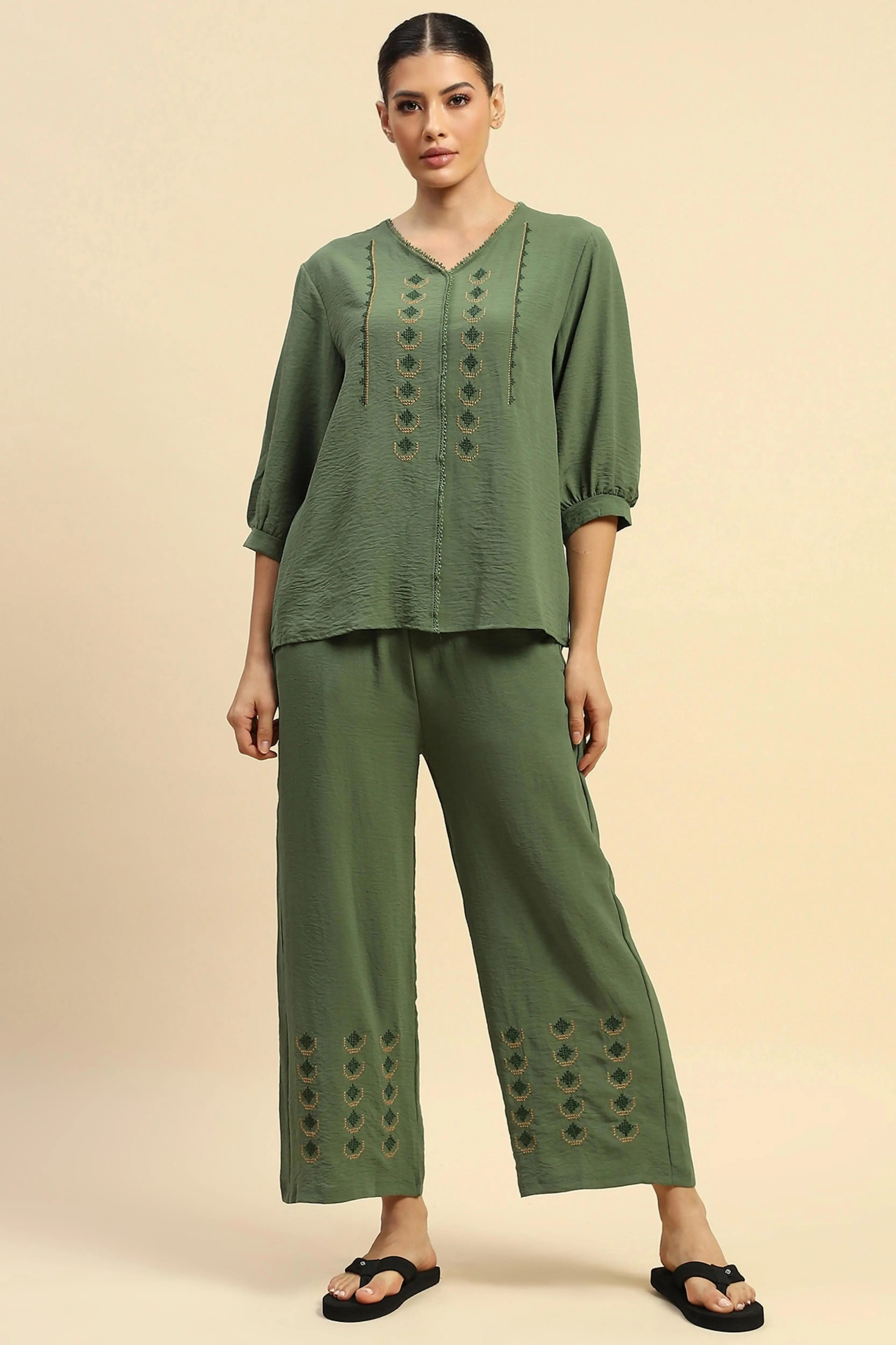 Green  Rayon Relaxed Fit Nightsuit - Global Republic