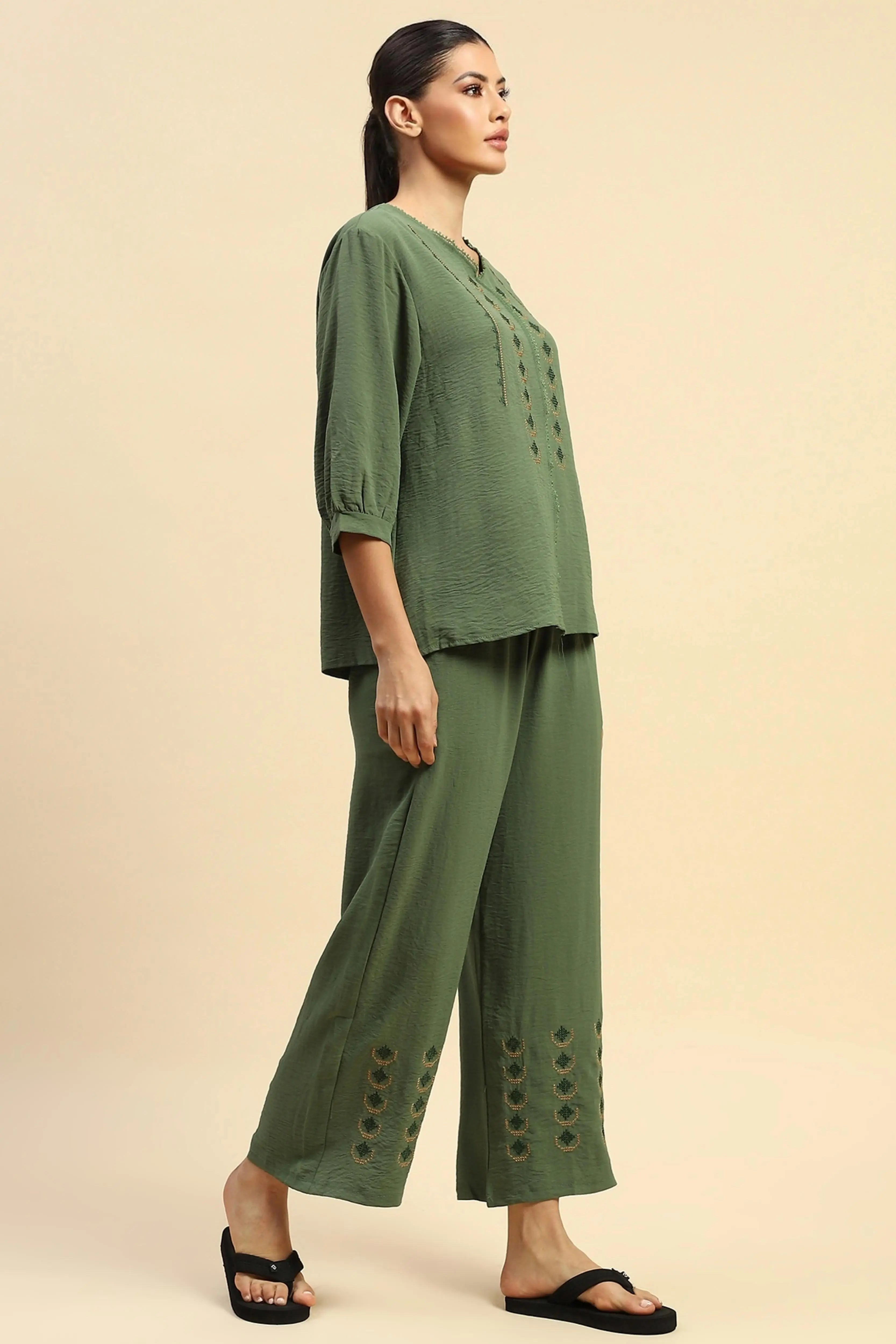 Green  Rayon Relaxed Fit Nightsuit - Global Republic