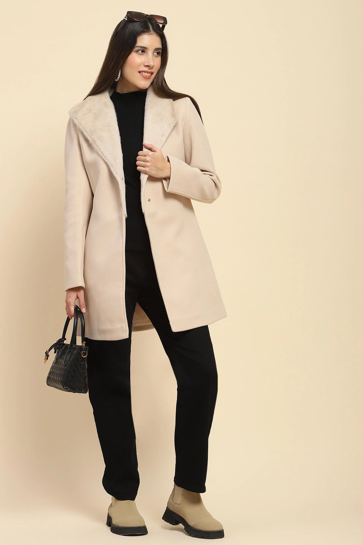 Nude  Solid Regular Fit Long Coat For Winter - Global Republic