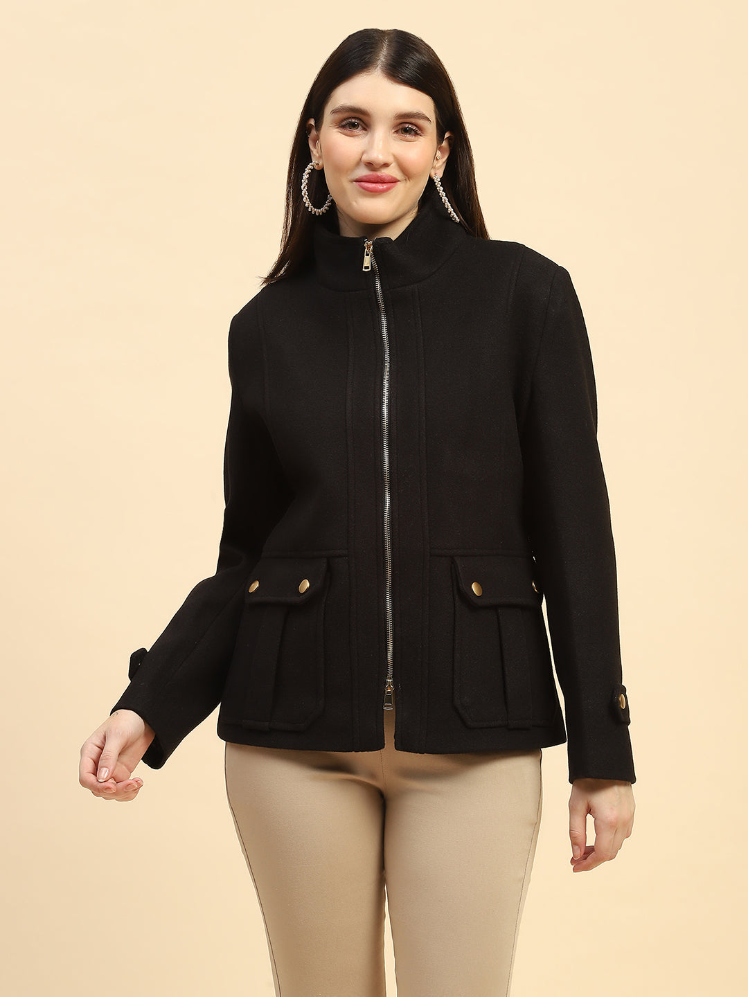 Black Solid  Relaxed Fit Jacket - Global Republic