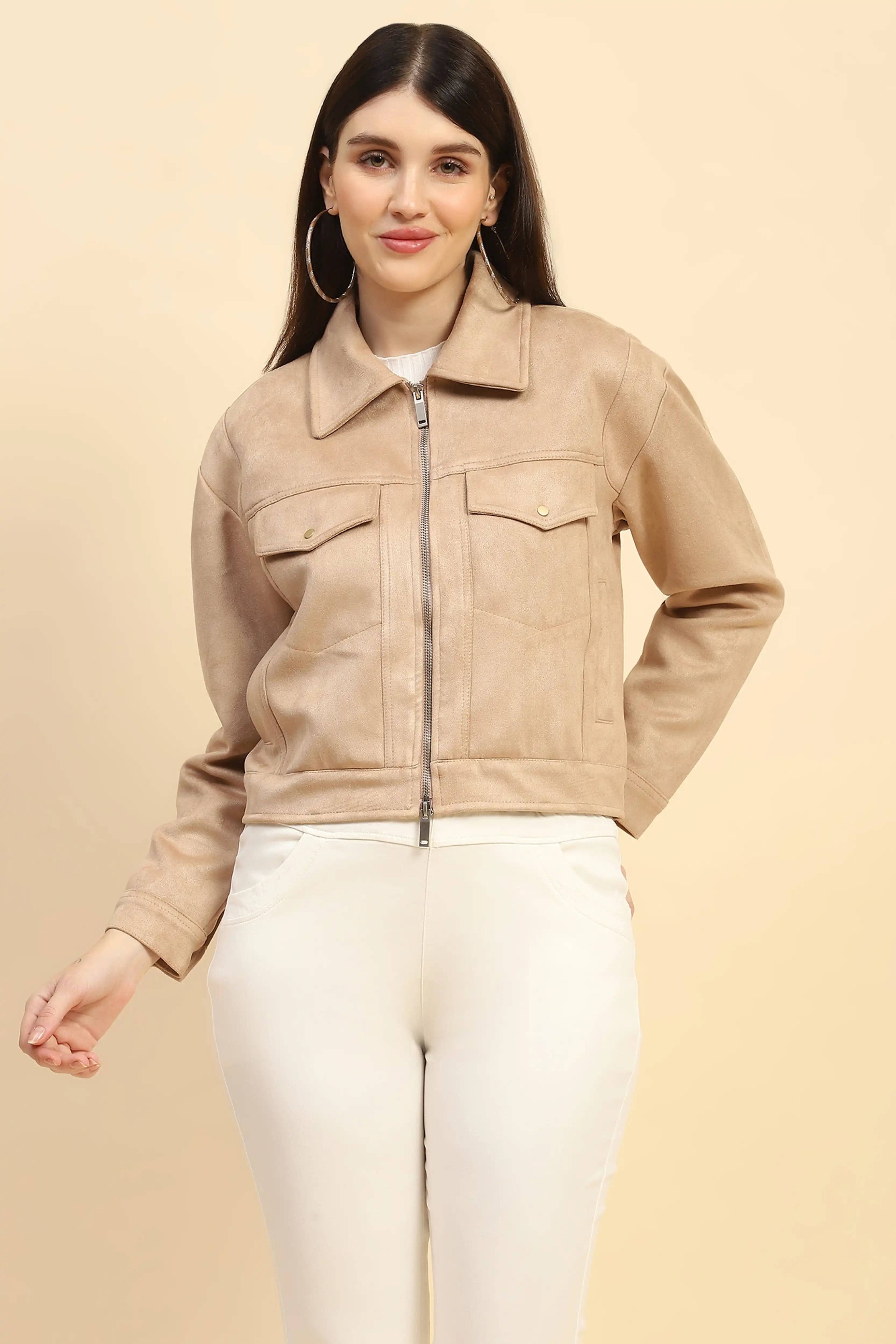 Beige Solid Suede Relaxed Fit Jacket
