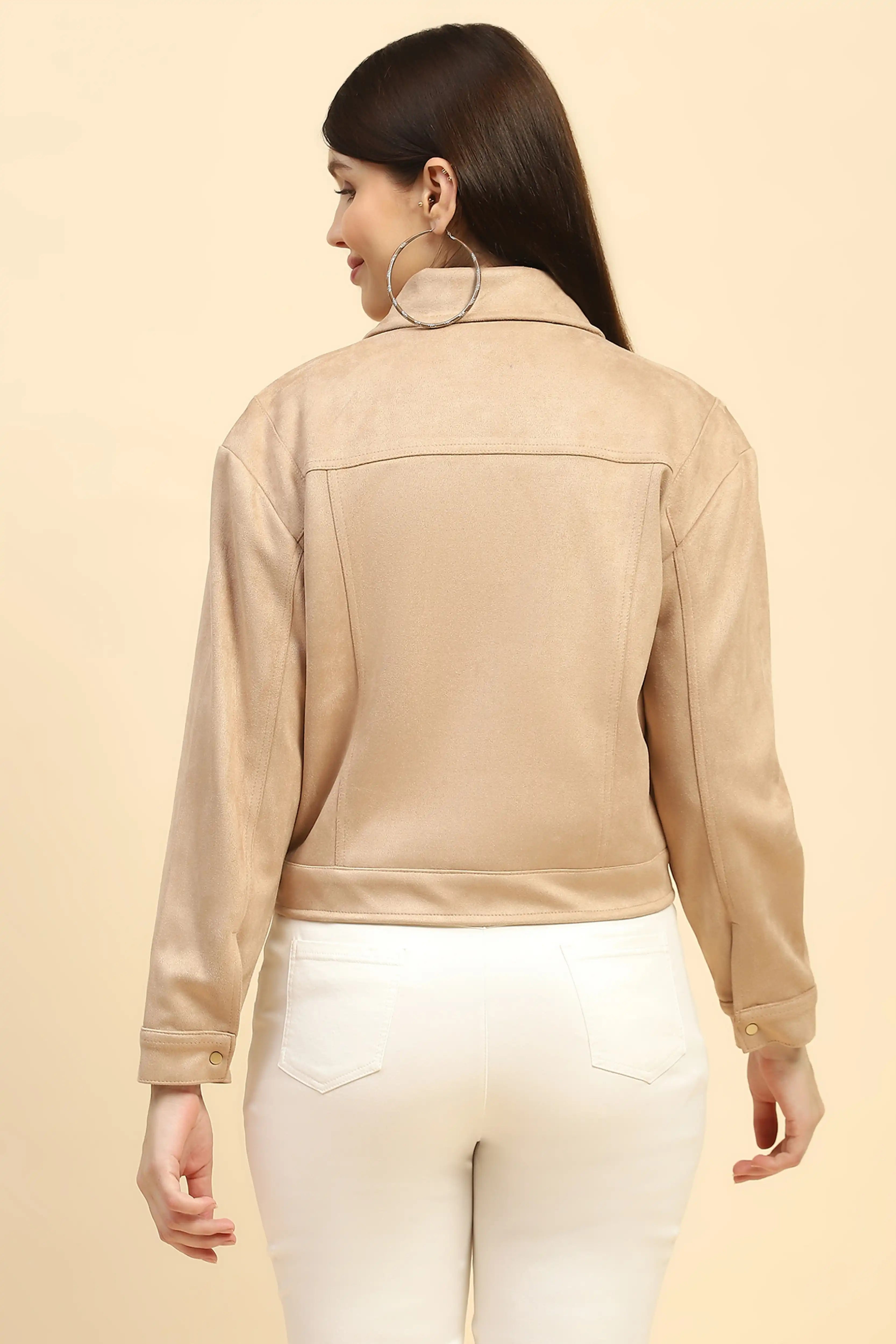 Beige Solid Suede Relaxed Fit Jacket