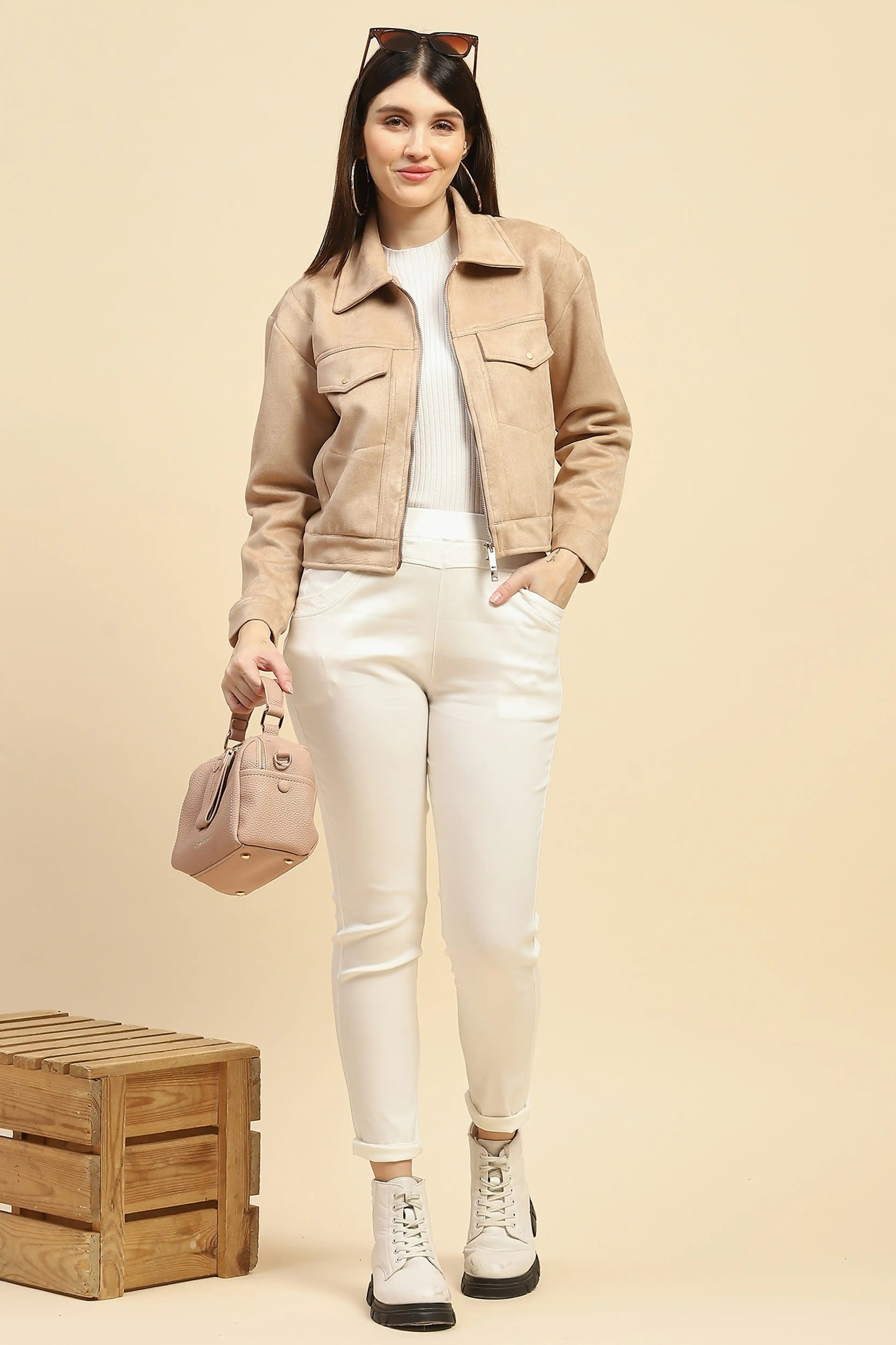 Beige Solid Suede Relaxed Fit Jacket