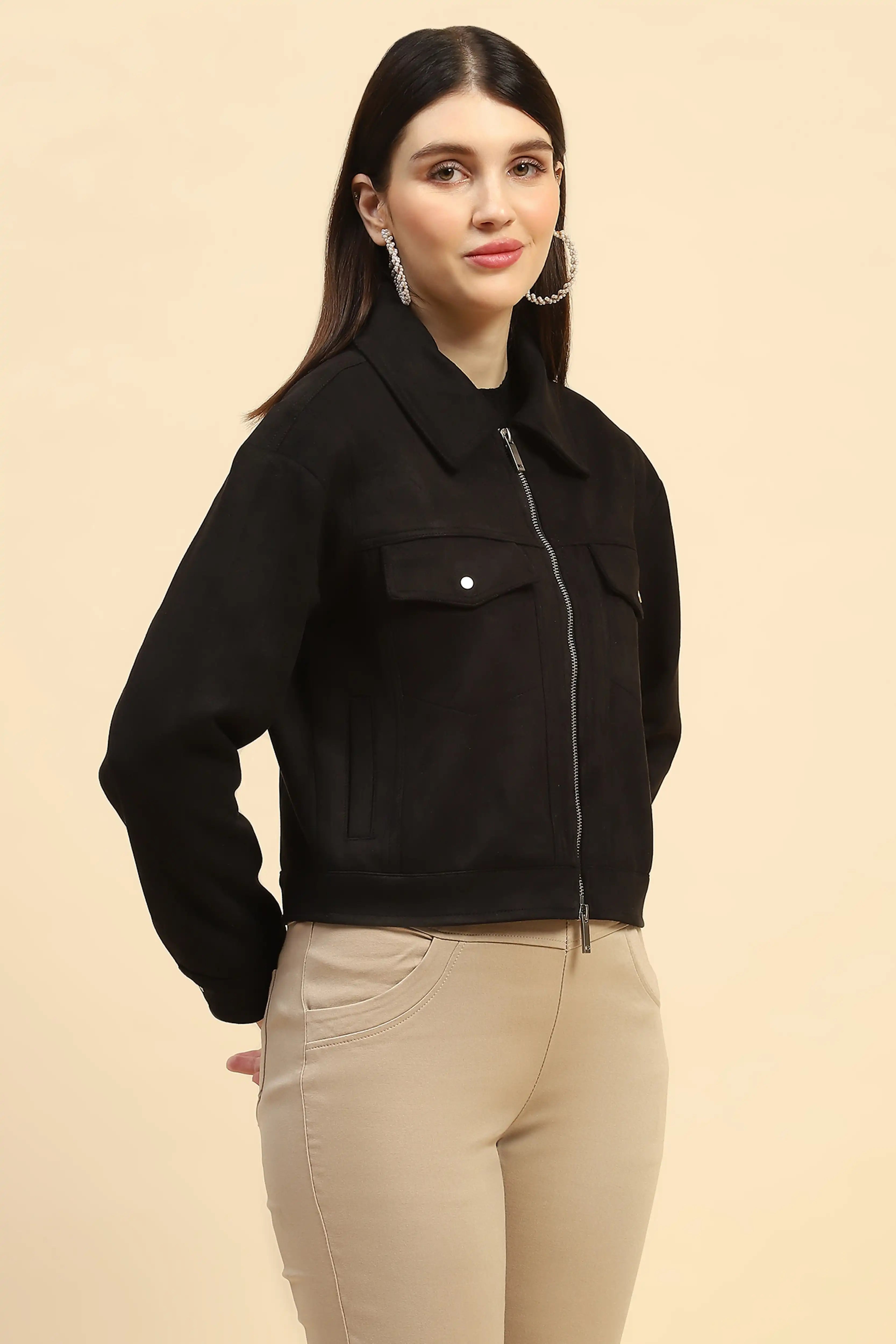 Black Solid Suede Relaxed Fit Jacket